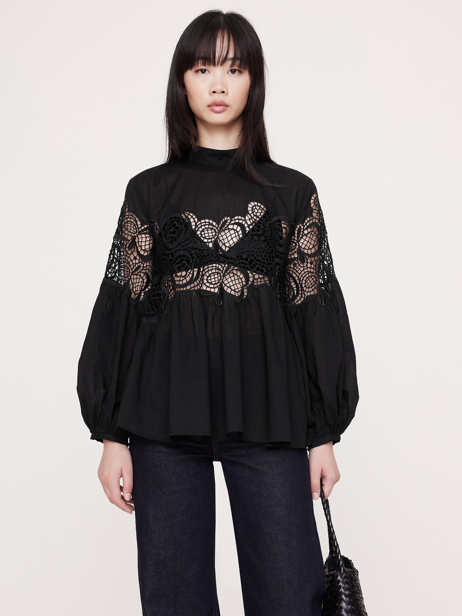 Image number 4 showing, COTTON & LACE MOCK-NECK TOP
