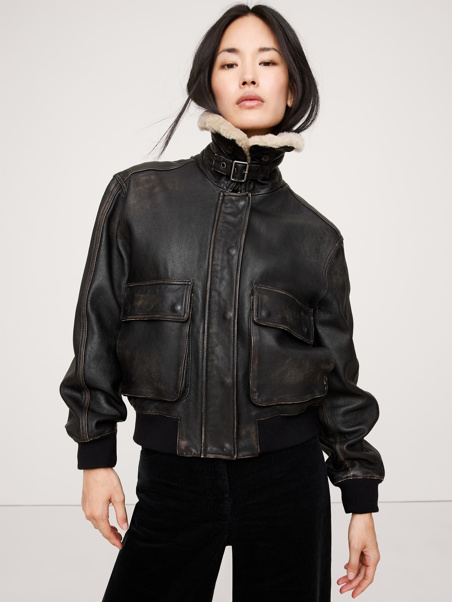 Oversized Distressed Leather Flight Jacket - Distressed Brown
