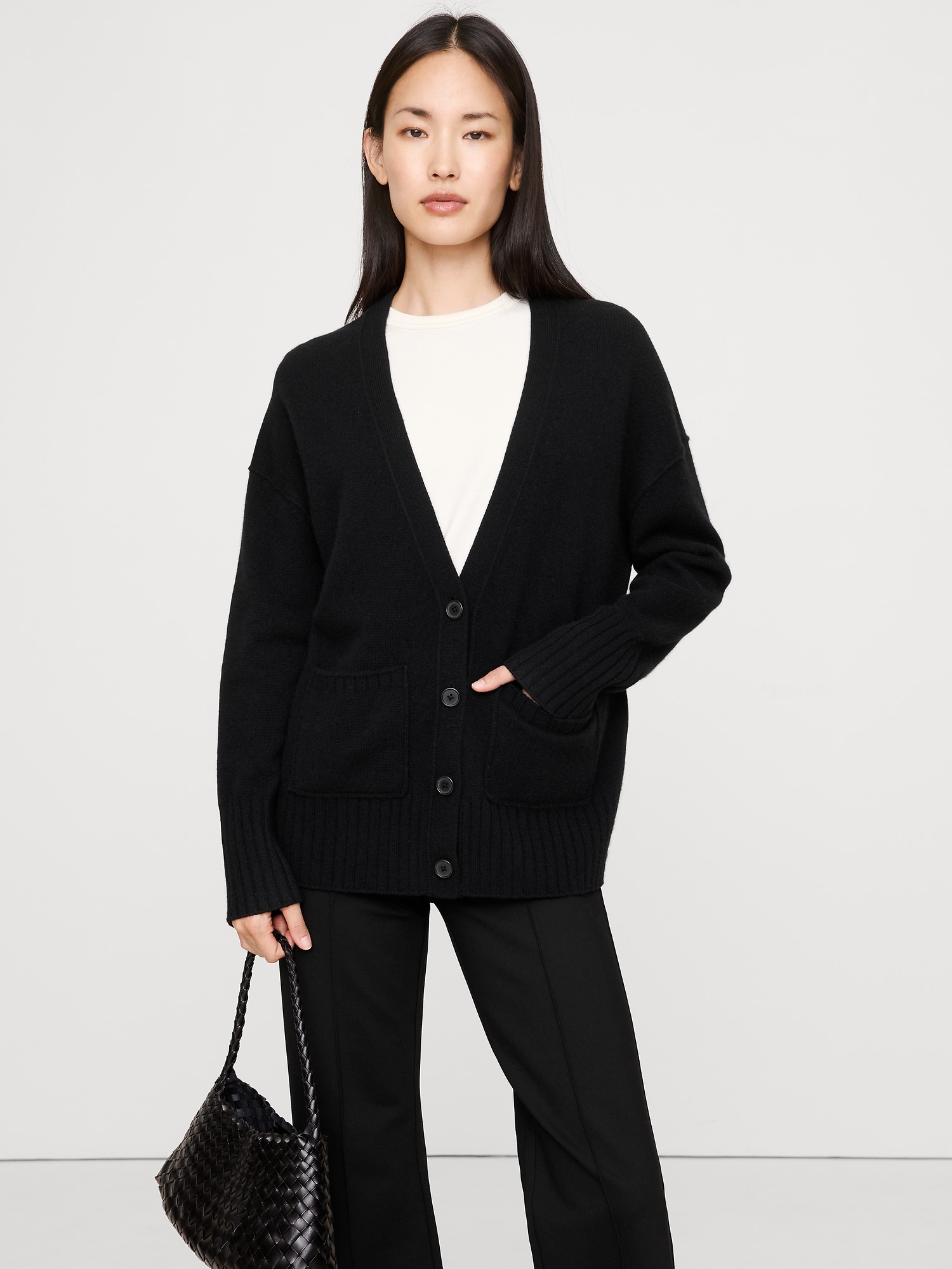 Oversized Boyfriend Cashmere Cardigan - Black