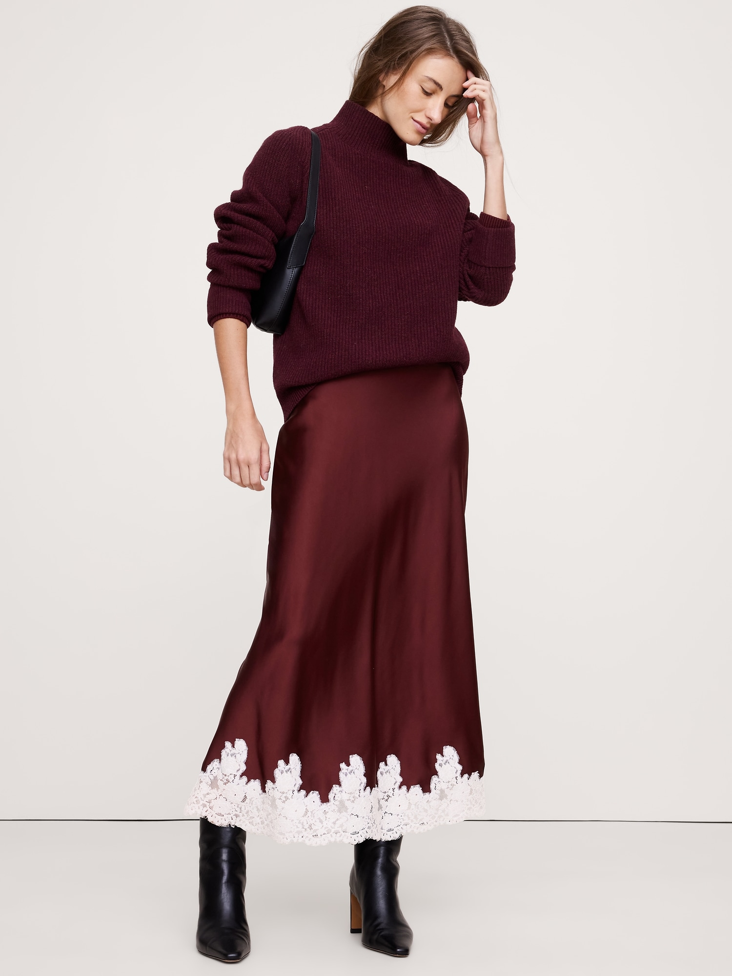 Stretch-Satin Lace-Hem Midi Skirt - Redwood Burgundy