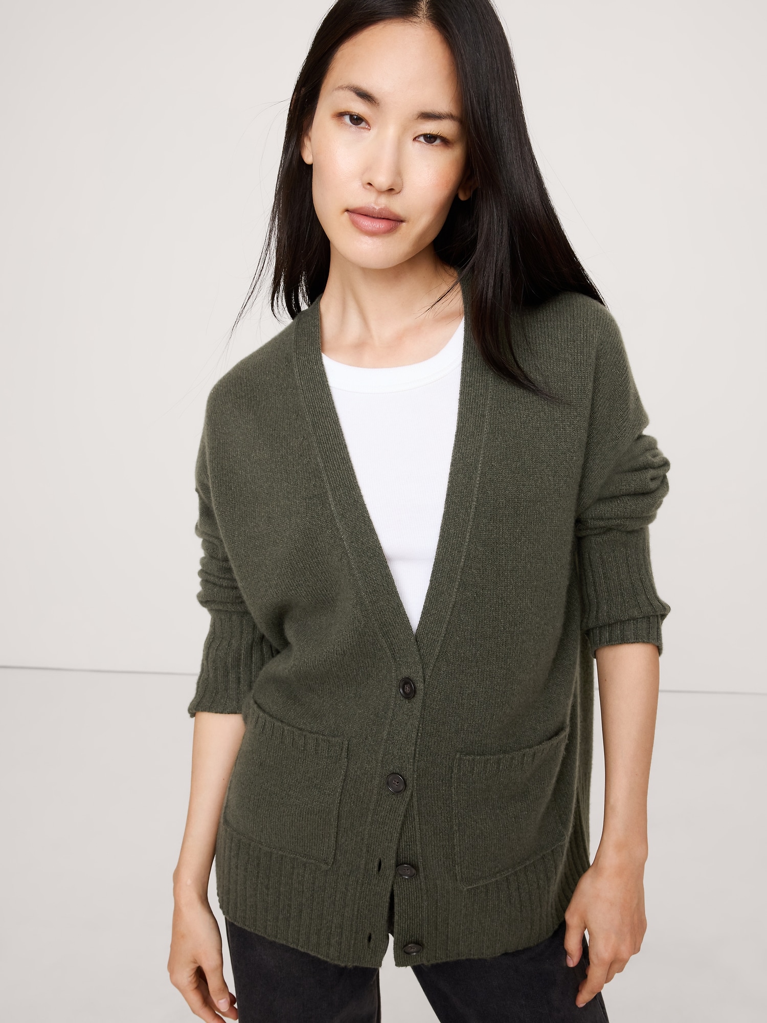 Oversized Boyfriend Cashmere Cardigan - Heather Green