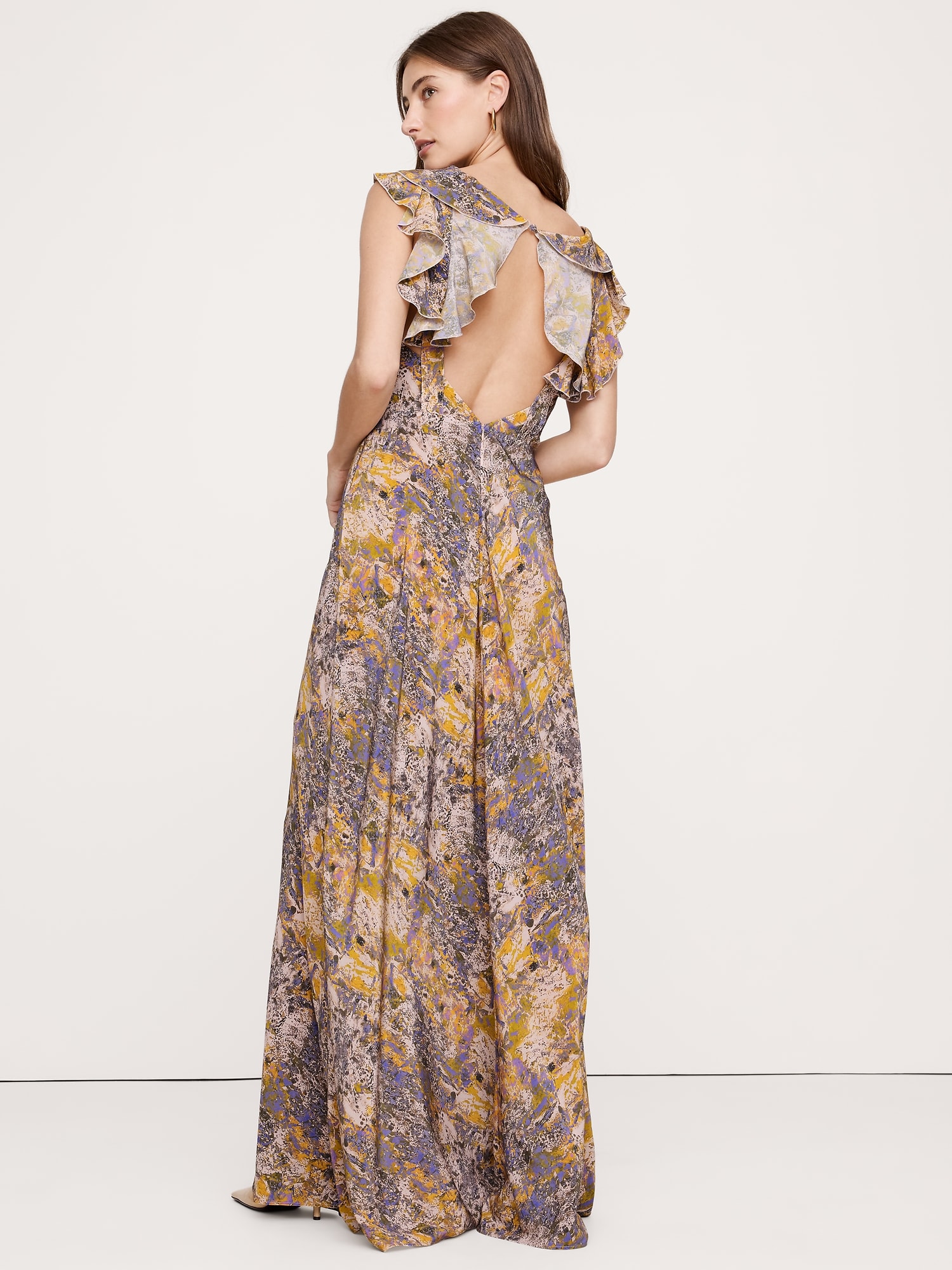 Matte Silk Open-Back Maxi Dress - Pastel Splatter Print