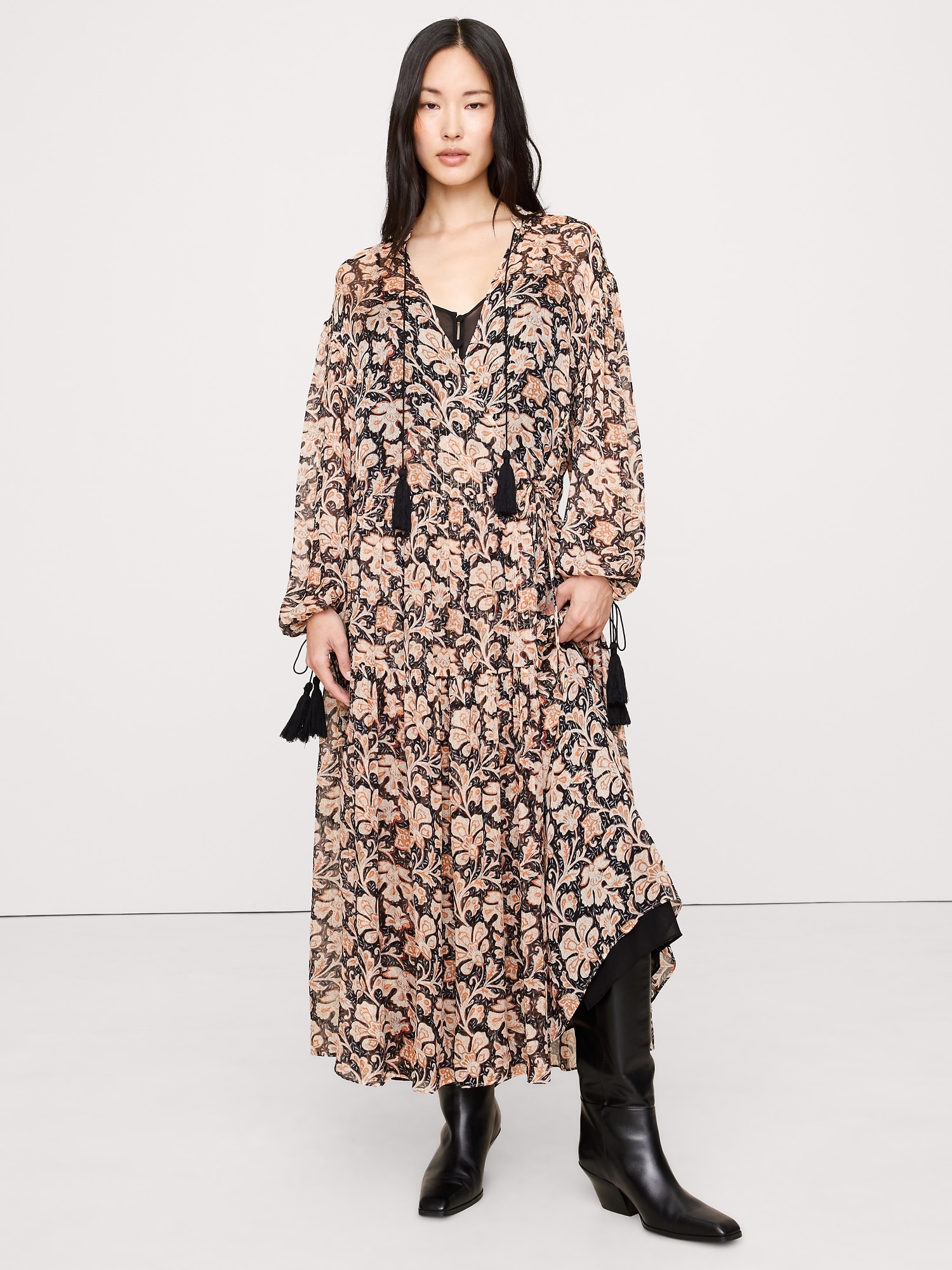 Lurex Stripe Tiered Maxi Dress - Ivory Floral Paisley