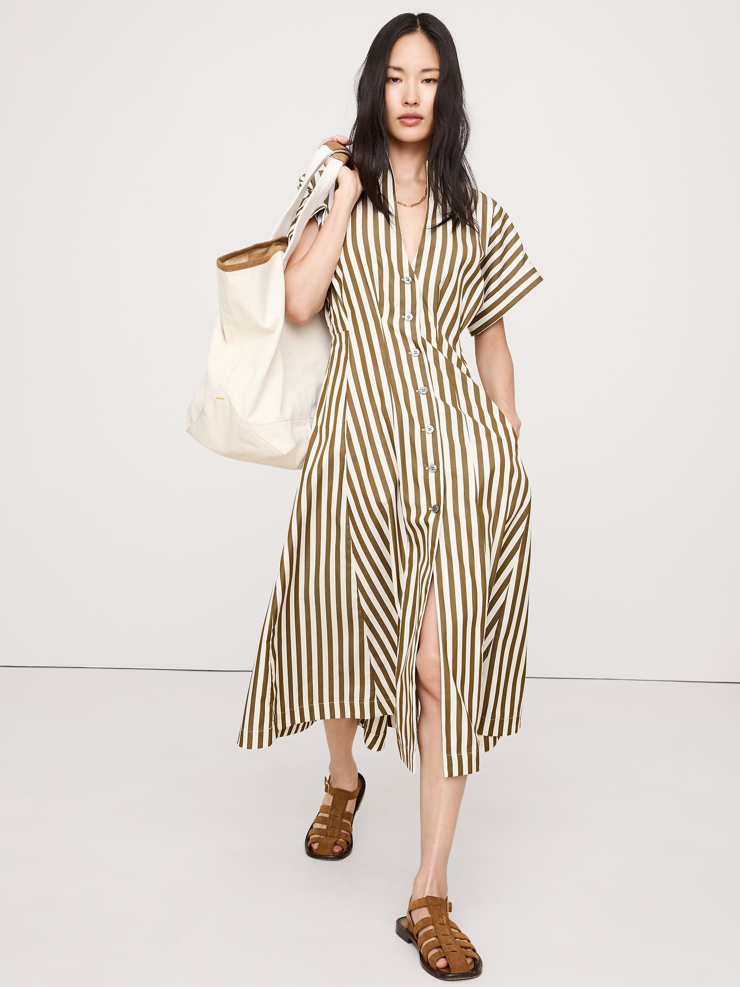 Robe-chemisier en popeline - Rayures Vert Olive