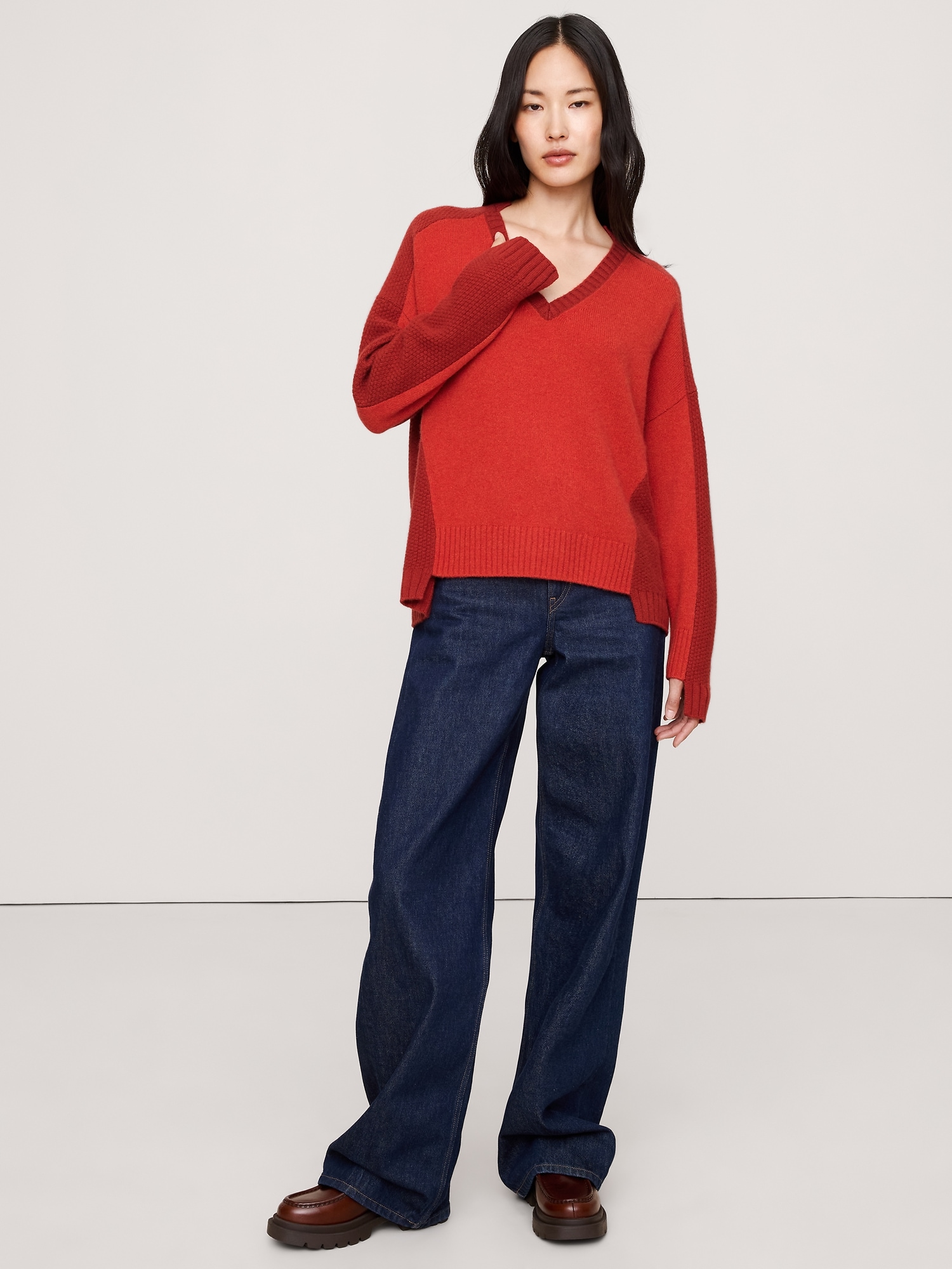 Oversized Cashmere Mixed-Stitch V-Neck Sweater