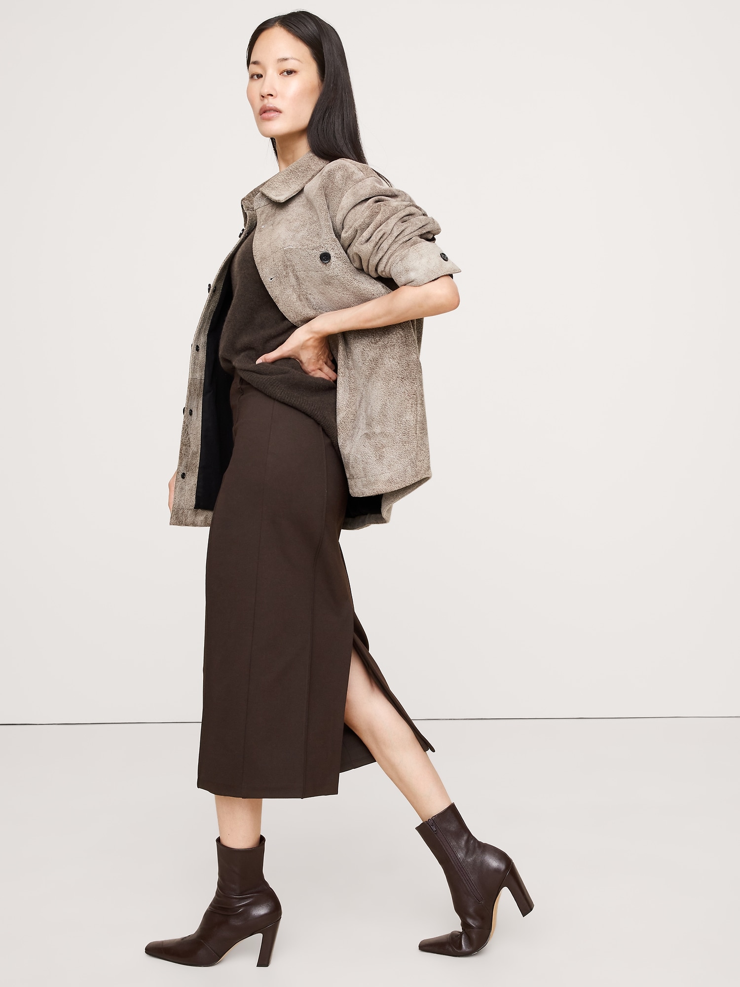JUPE DROITE TOUT-ALLER EN TRICOT POINT DE ROME - Brun Ganache