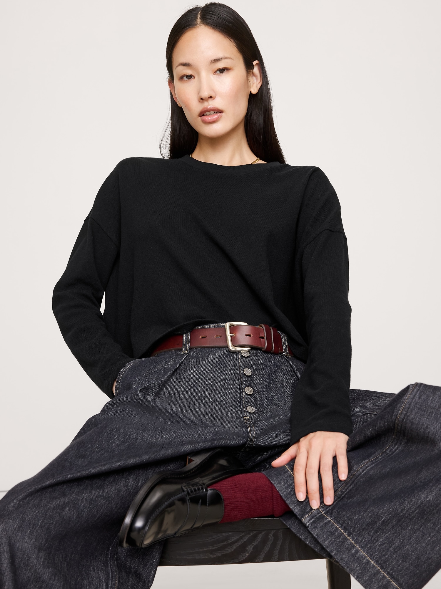 Oversized Jersey Cotton Cropped T-Shirt - Black