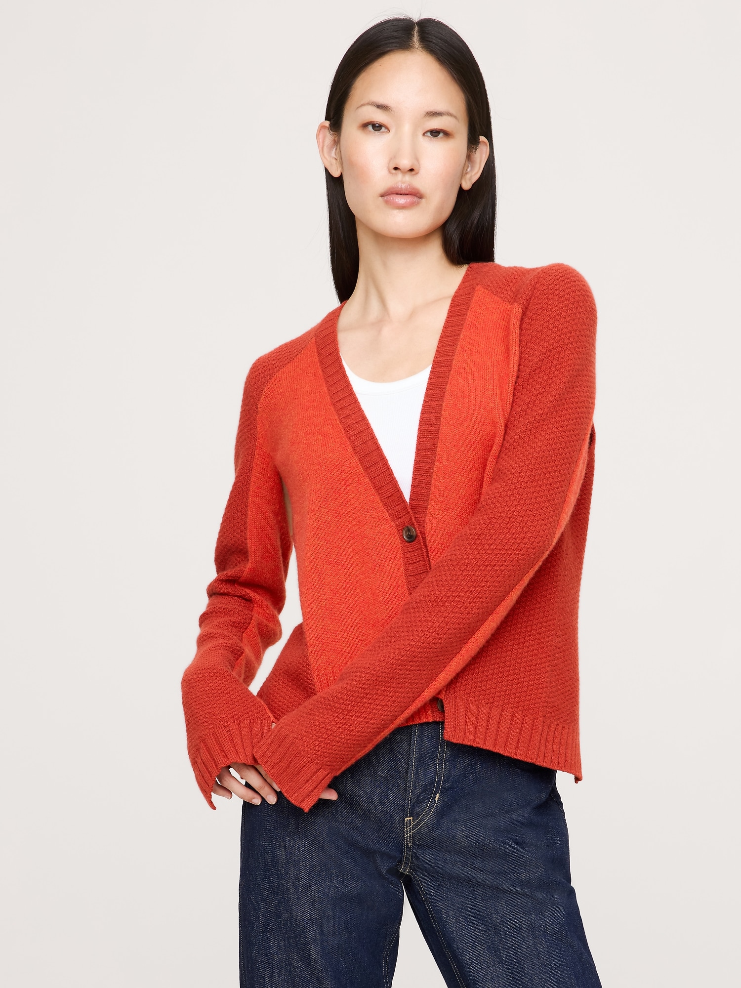 Cashmere Mixed-Stitch Cardigan - Scorched Orange