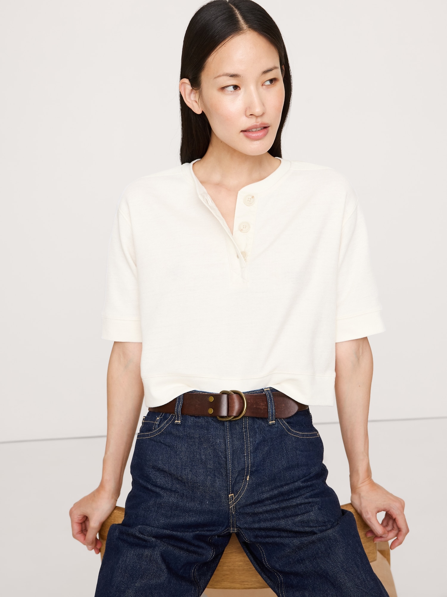 Waffle-Knit Cropped Henley - Transition Cream White