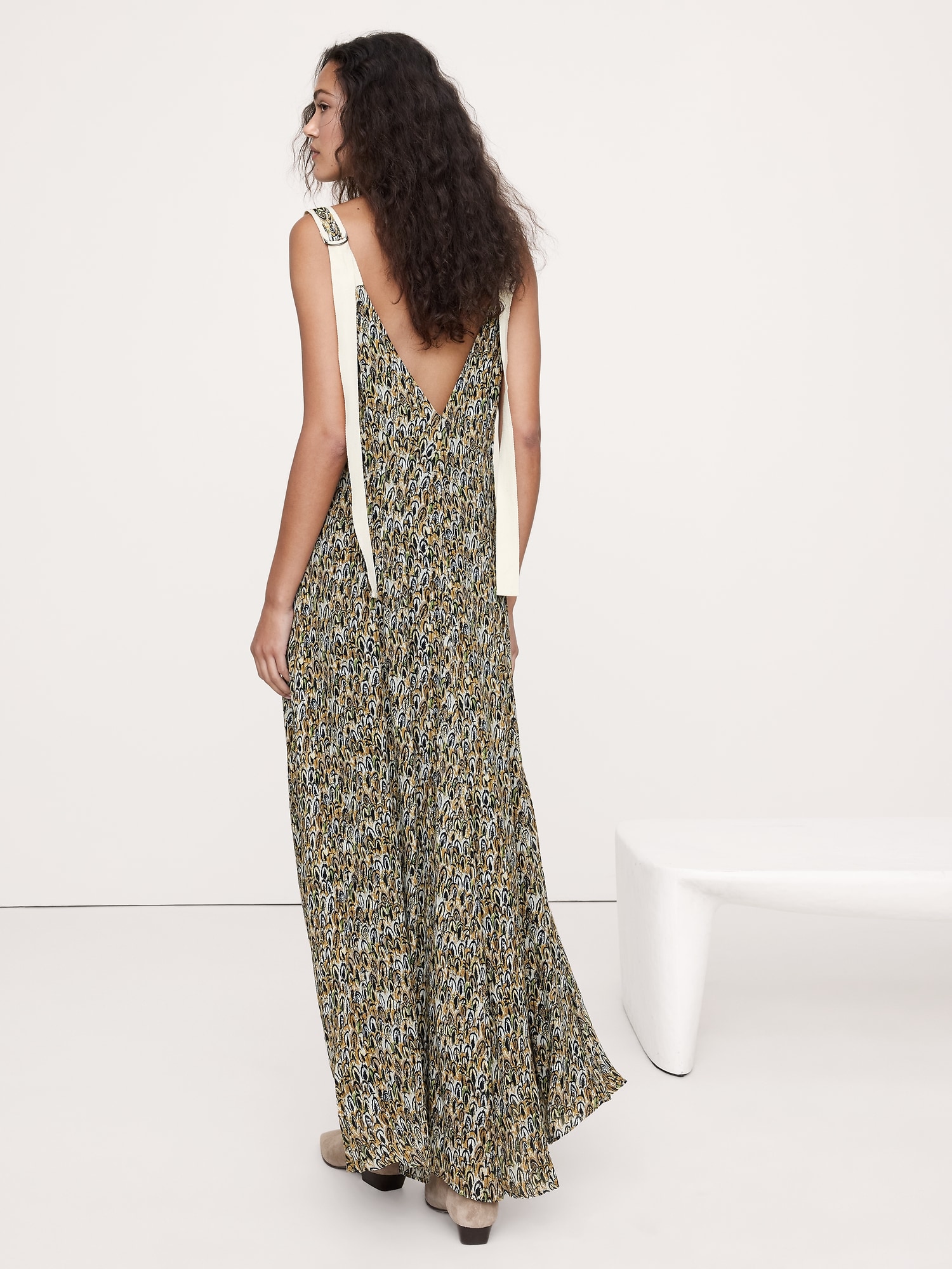 Pintuck Maxi Dress - Green Camo Feathers