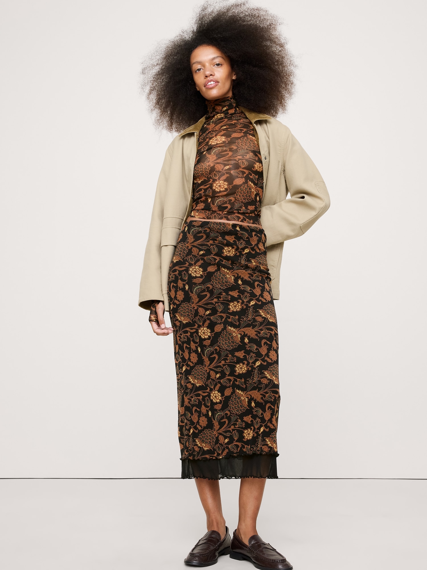 Lettuce-Hem Mesh Midi Skirt - Black Floral Botanical