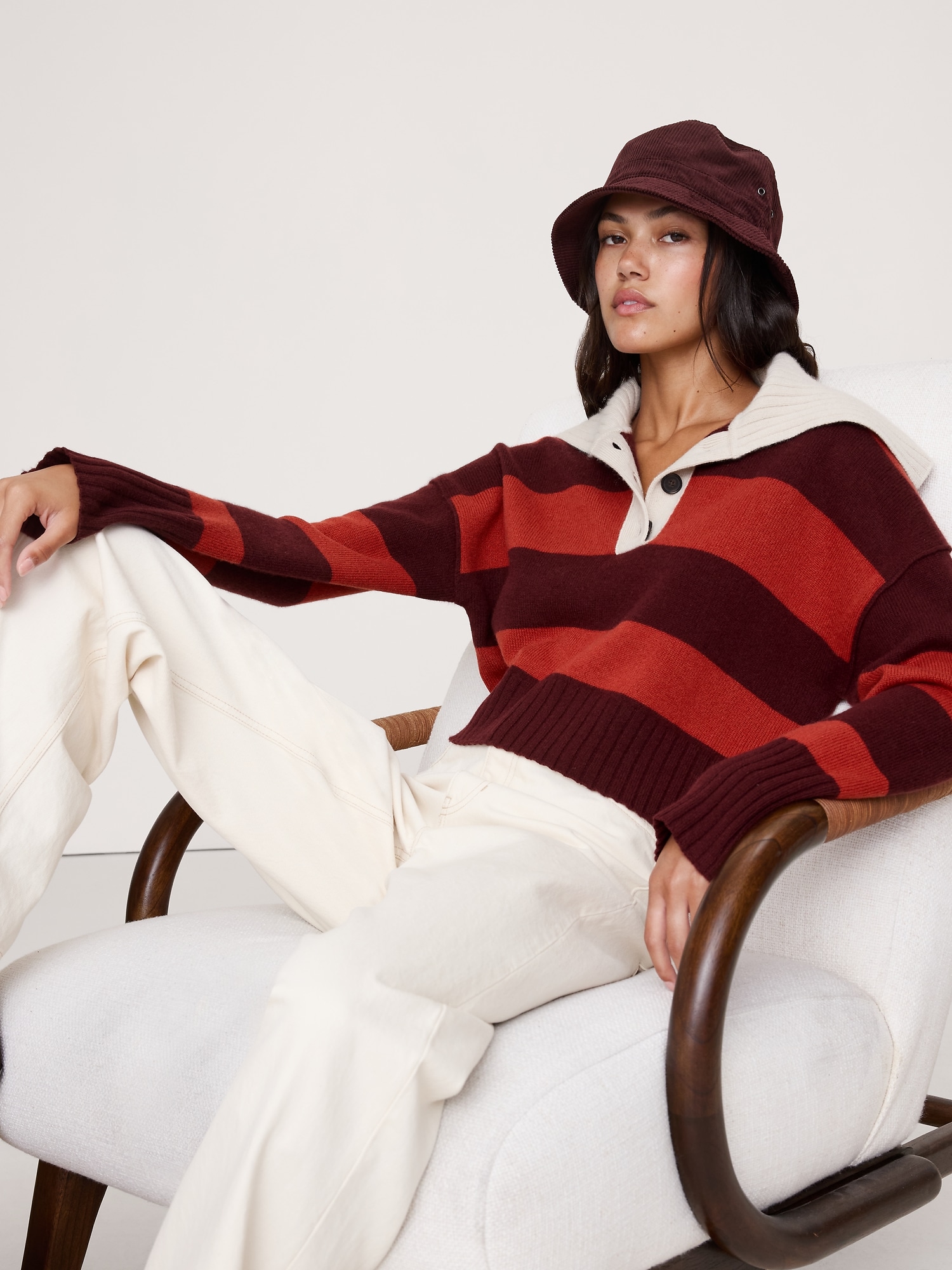 Oversized Cashmere Cropped Sweater Polo - Red Stripe