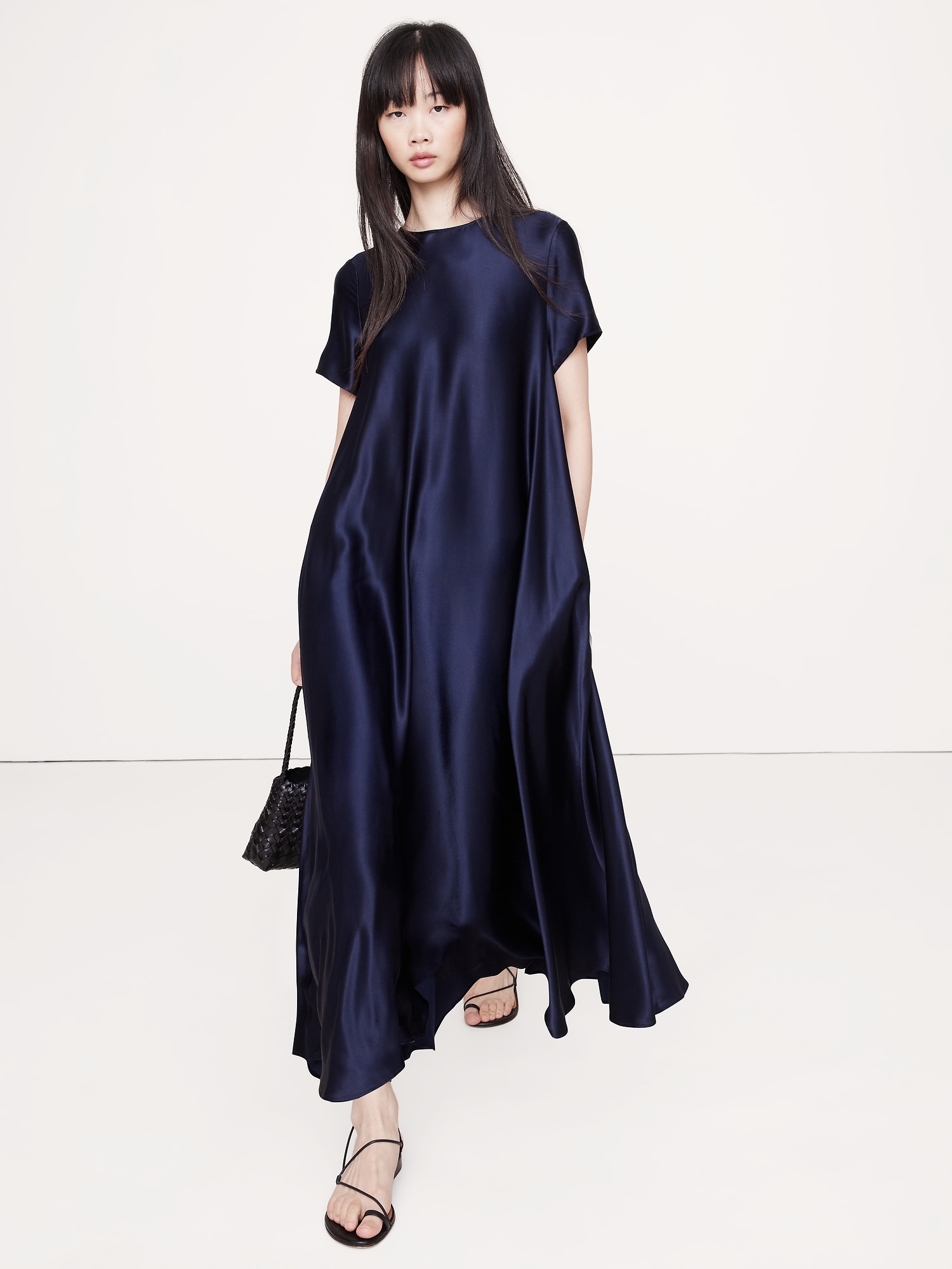 Image number 1 showing, ITALIAN SATIN TRAPEZE LONG MIDI DRESS