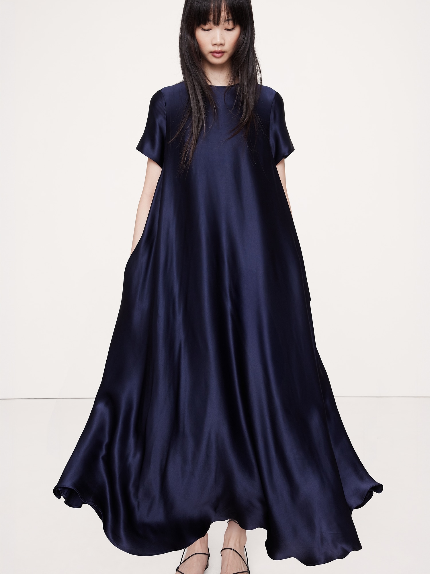 Image number 4 showing, ITALIAN SATIN TRAPEZE LONG MIDI DRESS