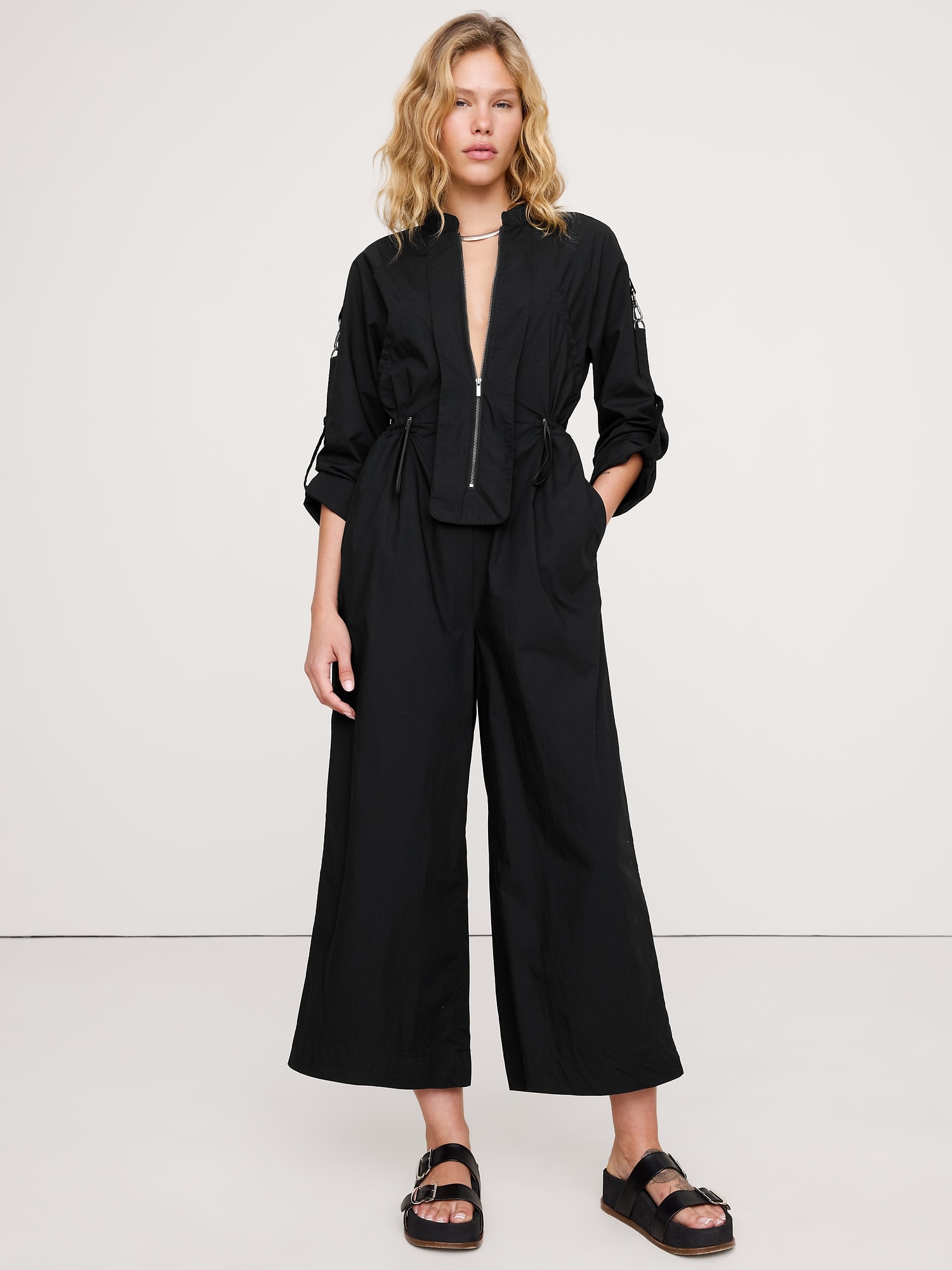Cotton Poplin Zip Utility Cropped Jumpsuit - Black