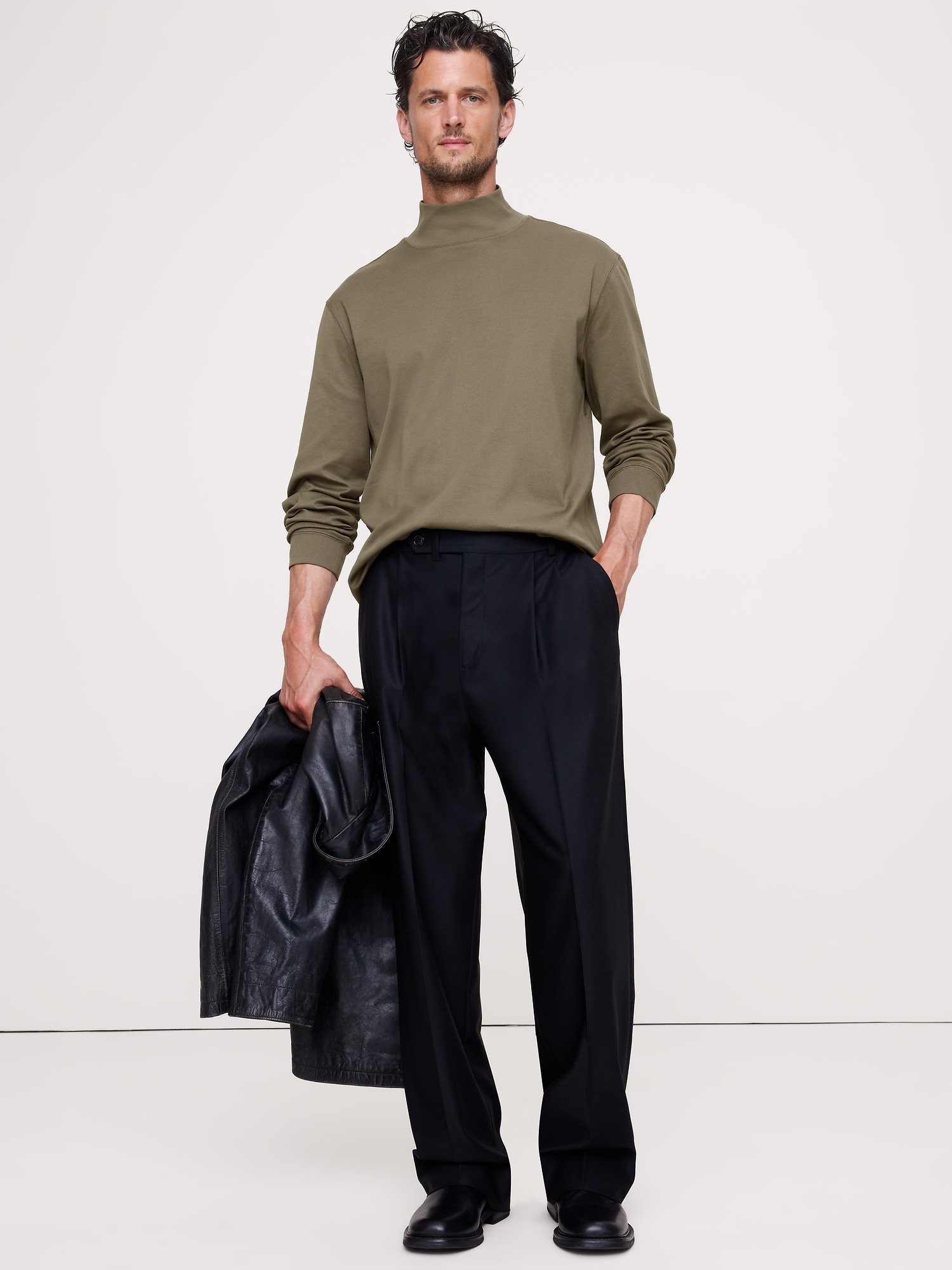 Cotton Ribbed Turtleneck T-Shirt - Olive-Taupe