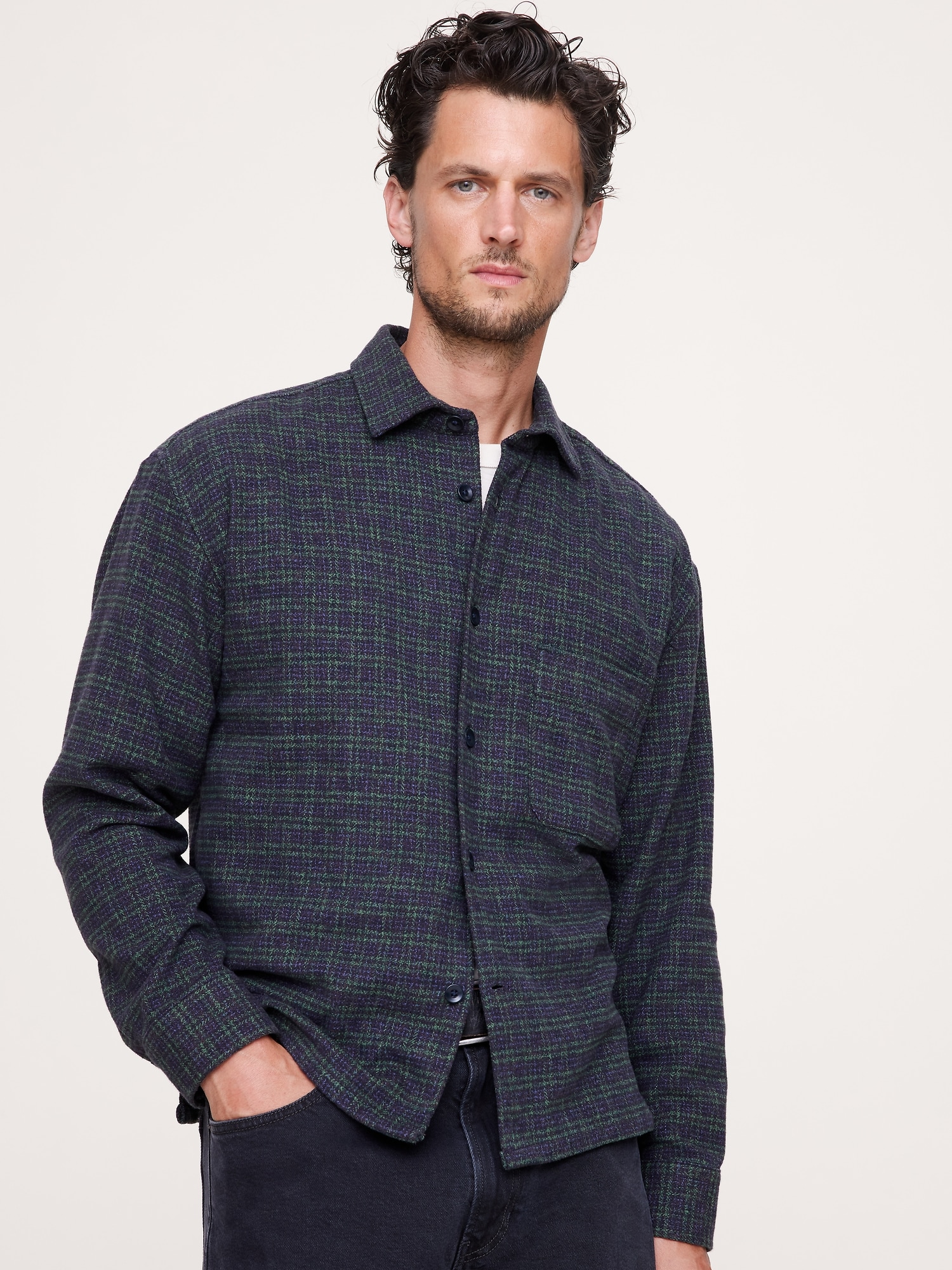 Relaxed-Fit Flannel Overshirt - Navy Blue Plaid