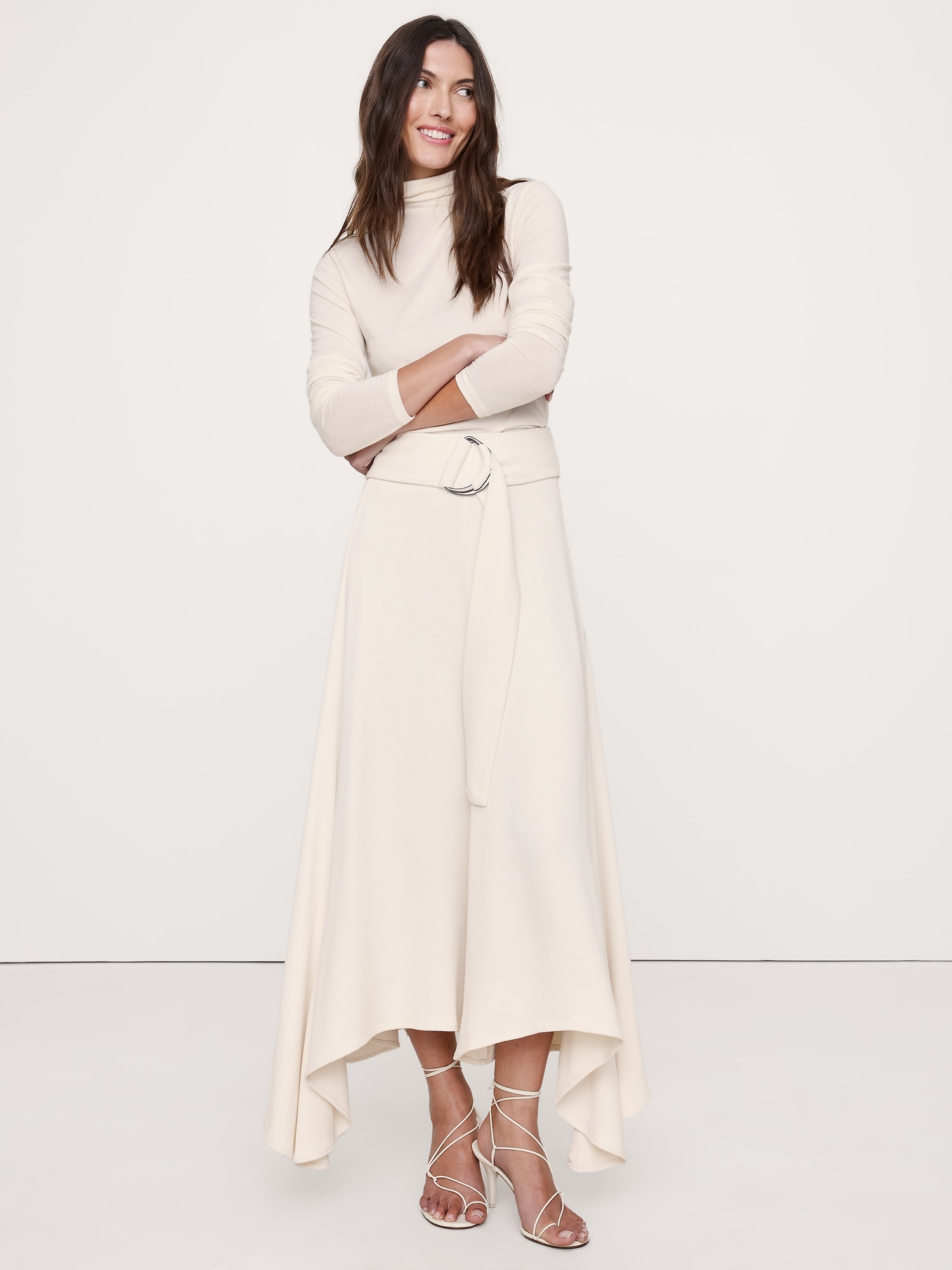Image number 1 showing, Pebbled Crepe Handkerchief-Hem Long Midi Skirt
