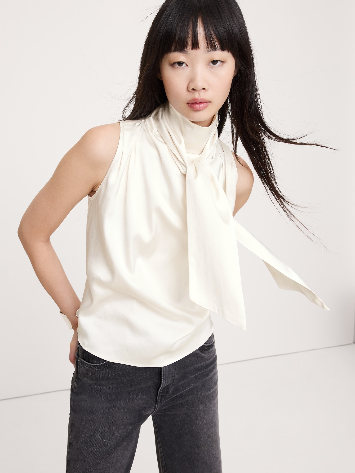 Stretch-Satin Tie-Neck Top - Snow Day White