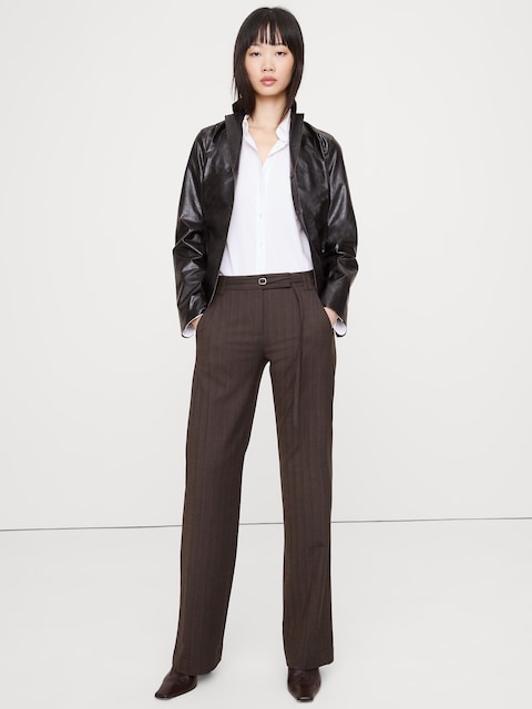 PANTALON DROIT EN FLANELLE DE LAINE MÉLANGÉE À TAILLE MI-BASSE