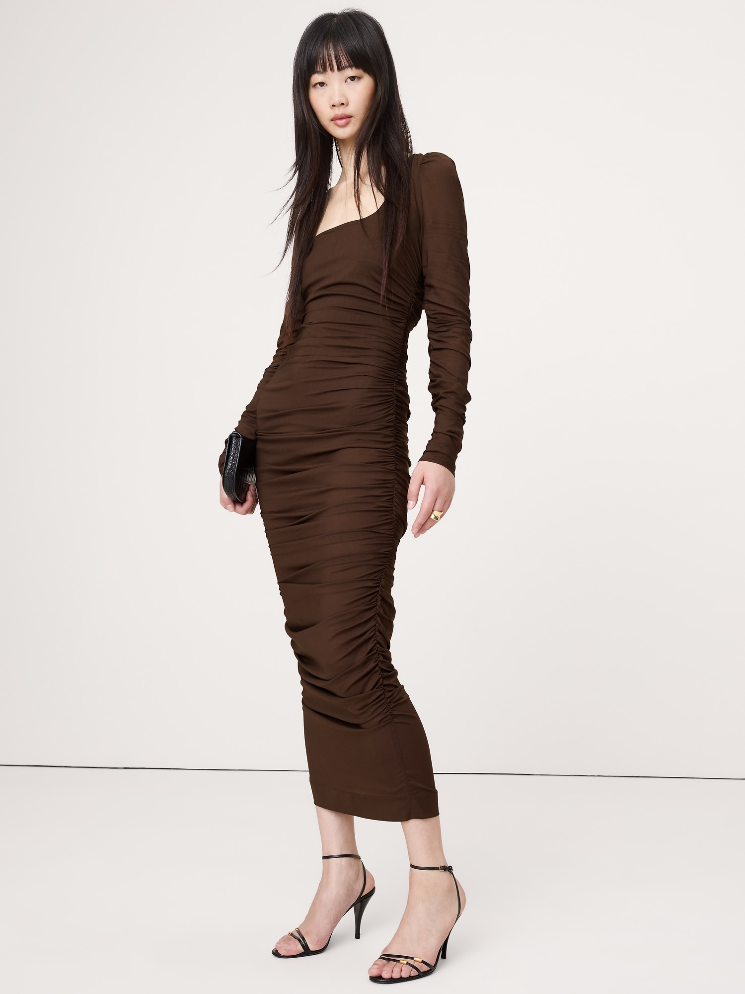 Stretch-Crepe Ruched Midi Dress - Espresso Brown