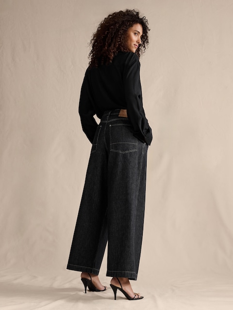 JEAN AMPLE PLISSÉ À TAILLE MI-BASSE LONGUEUR CHEVILLE