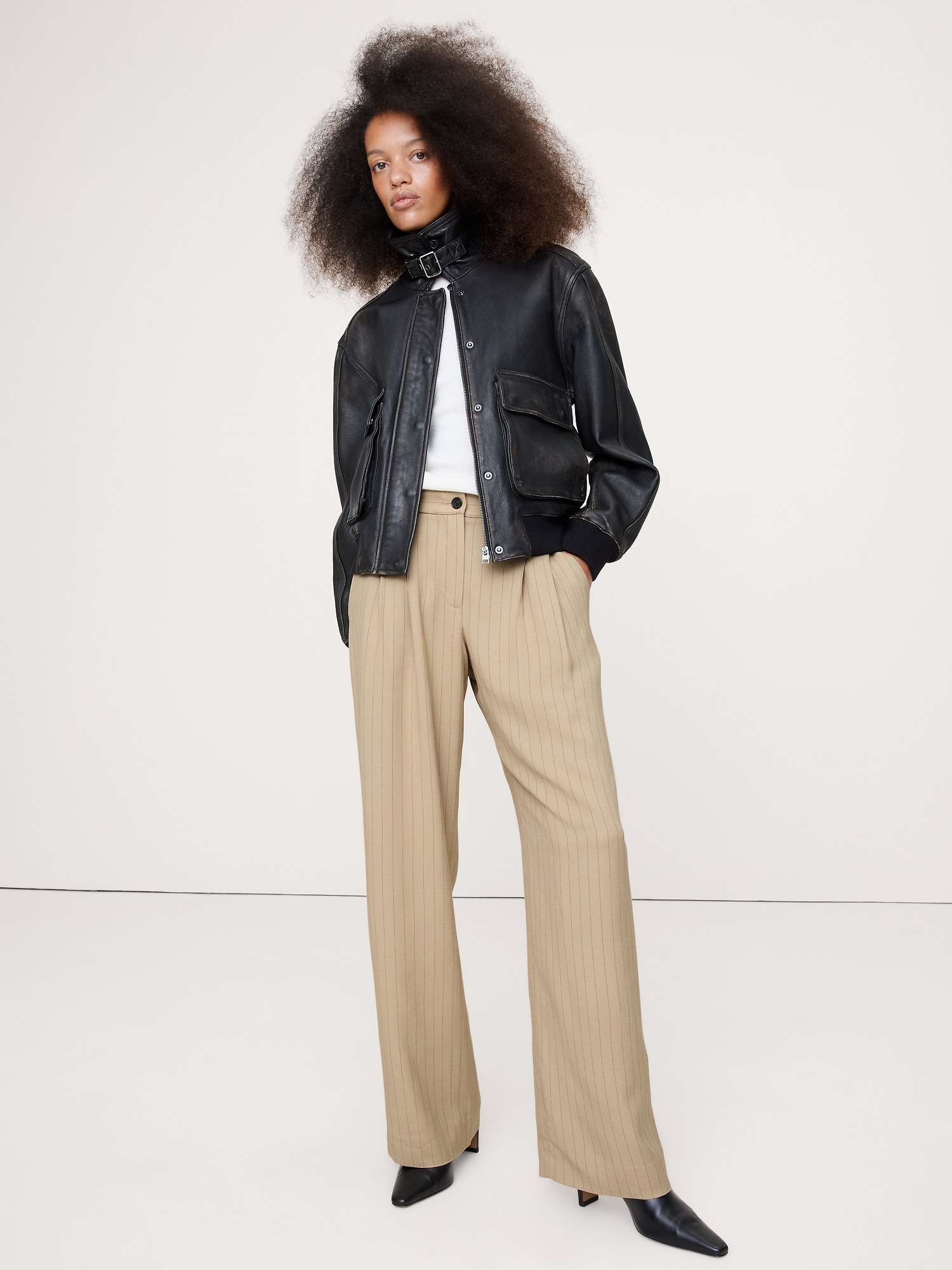 Soho Mid-Rise Pleated Wide-Leg Drapey Twill Pant - Neutral Stripe