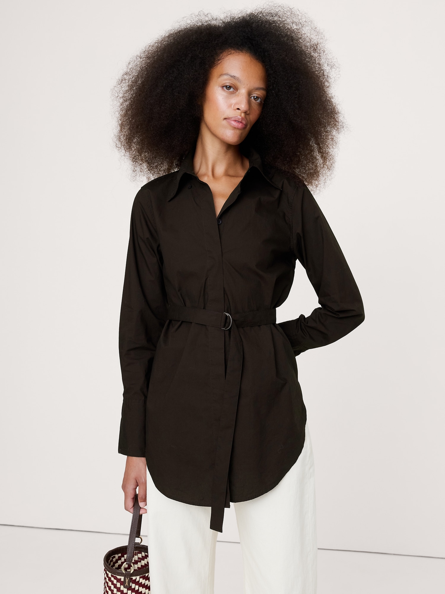 Cotton Poplin Belted Tunic Shirt - Ganache Brown