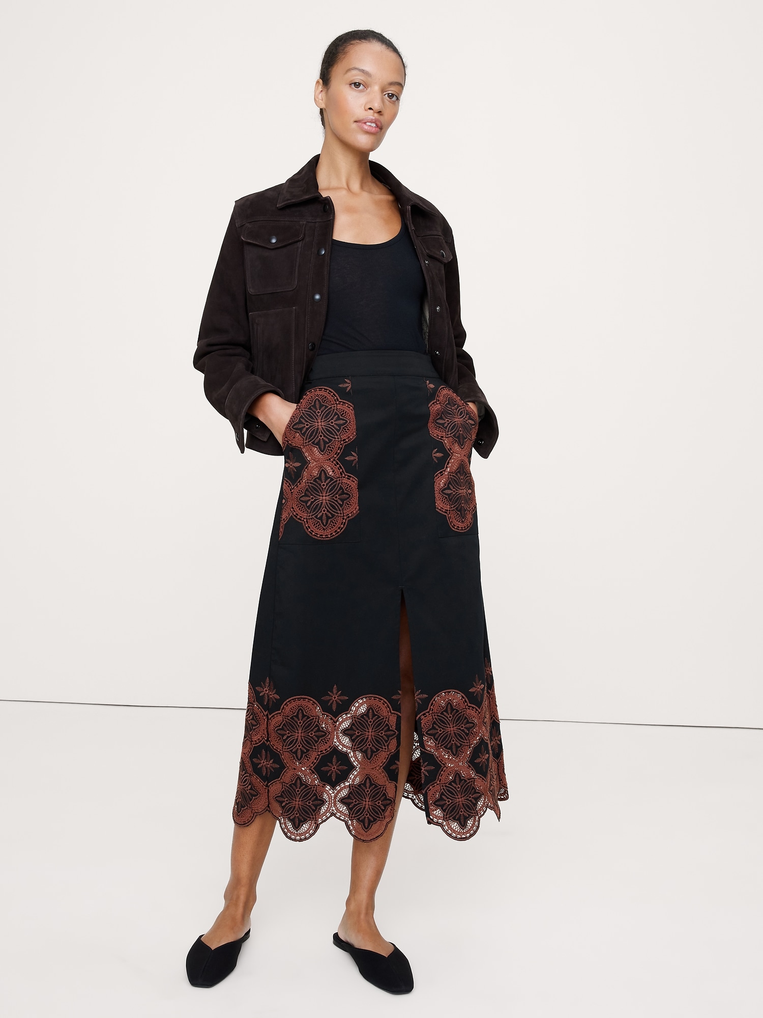Embroidered Corduroy Midi Skirt - Black With Embroidery