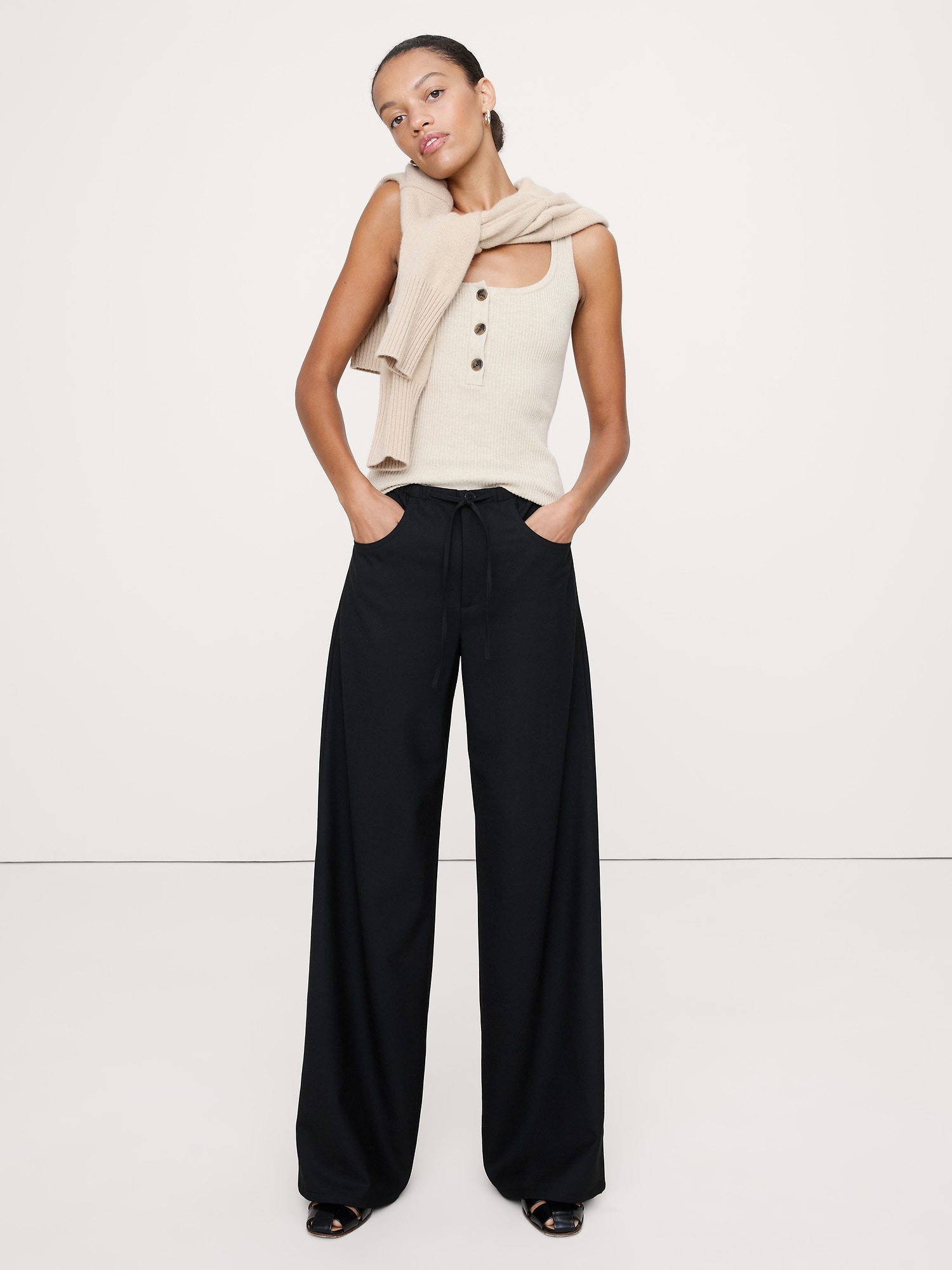 Image number 1 showing, Mid-Rise Wide-Leg Flannel Drawstring Pant