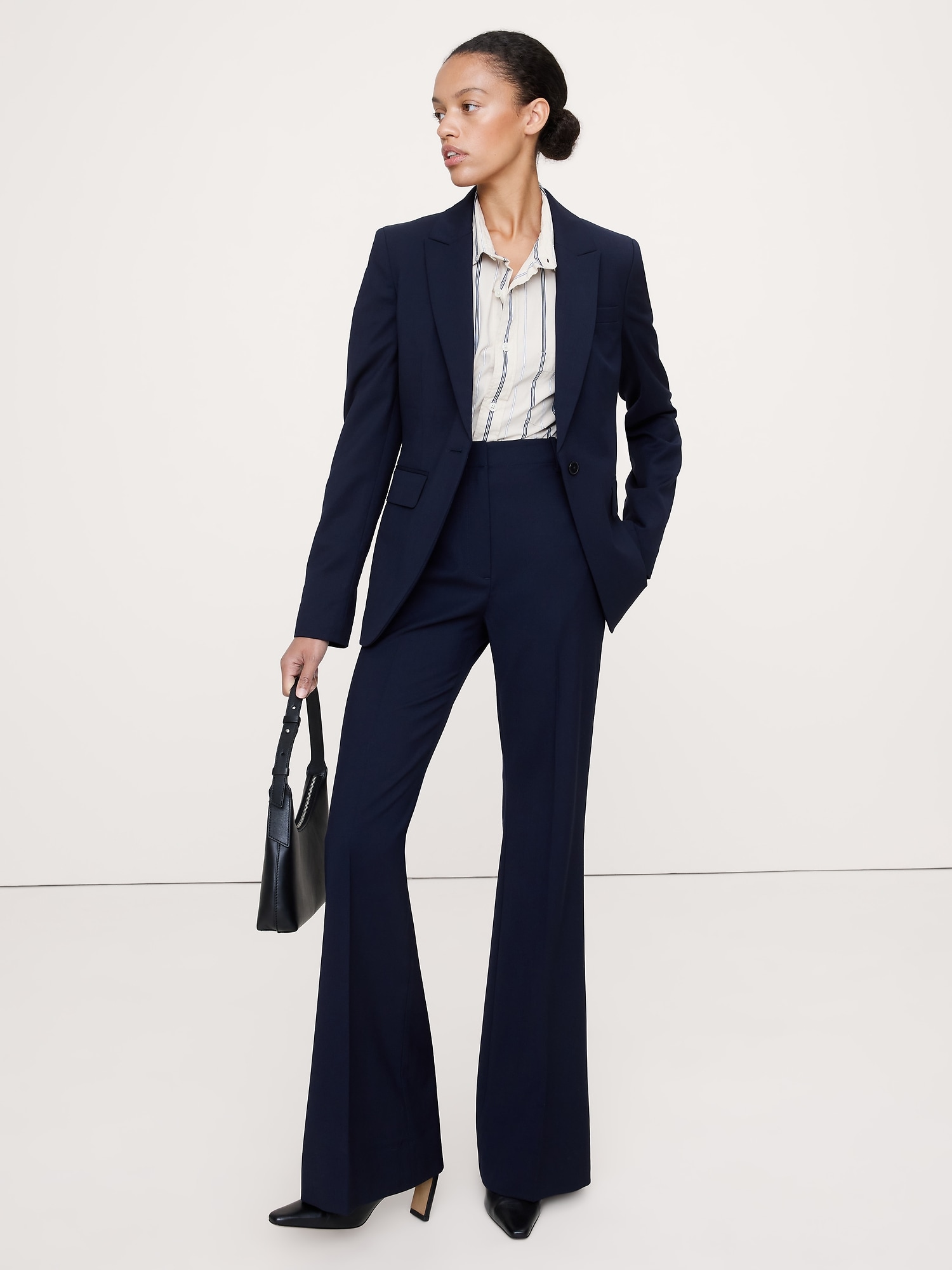 High-Rise Flare Italian Wool Pant - Navy Blue