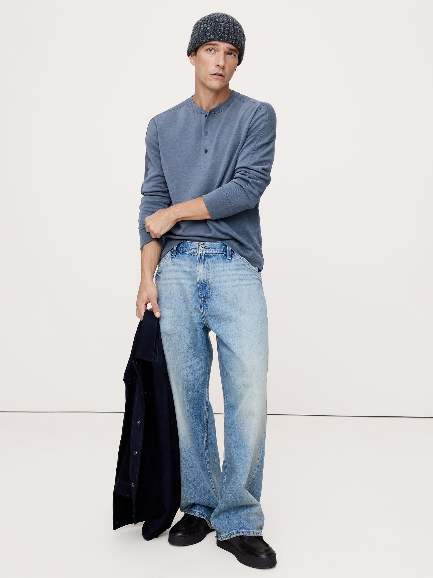 T-shirt henley en tricot double de fil flammé - Bleu Chiné