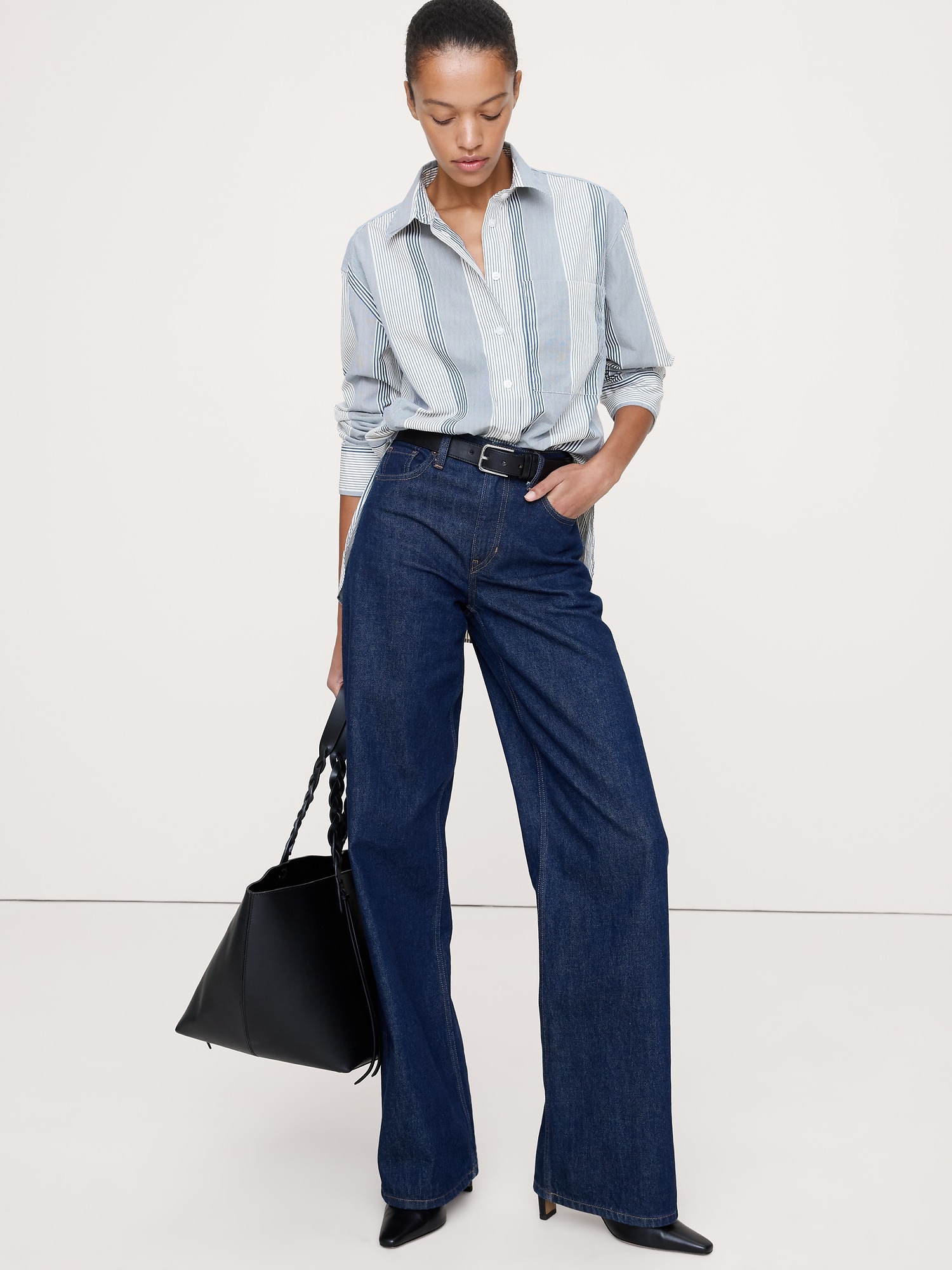 The Oversized Shirt - Navy Blue Mini Stripe