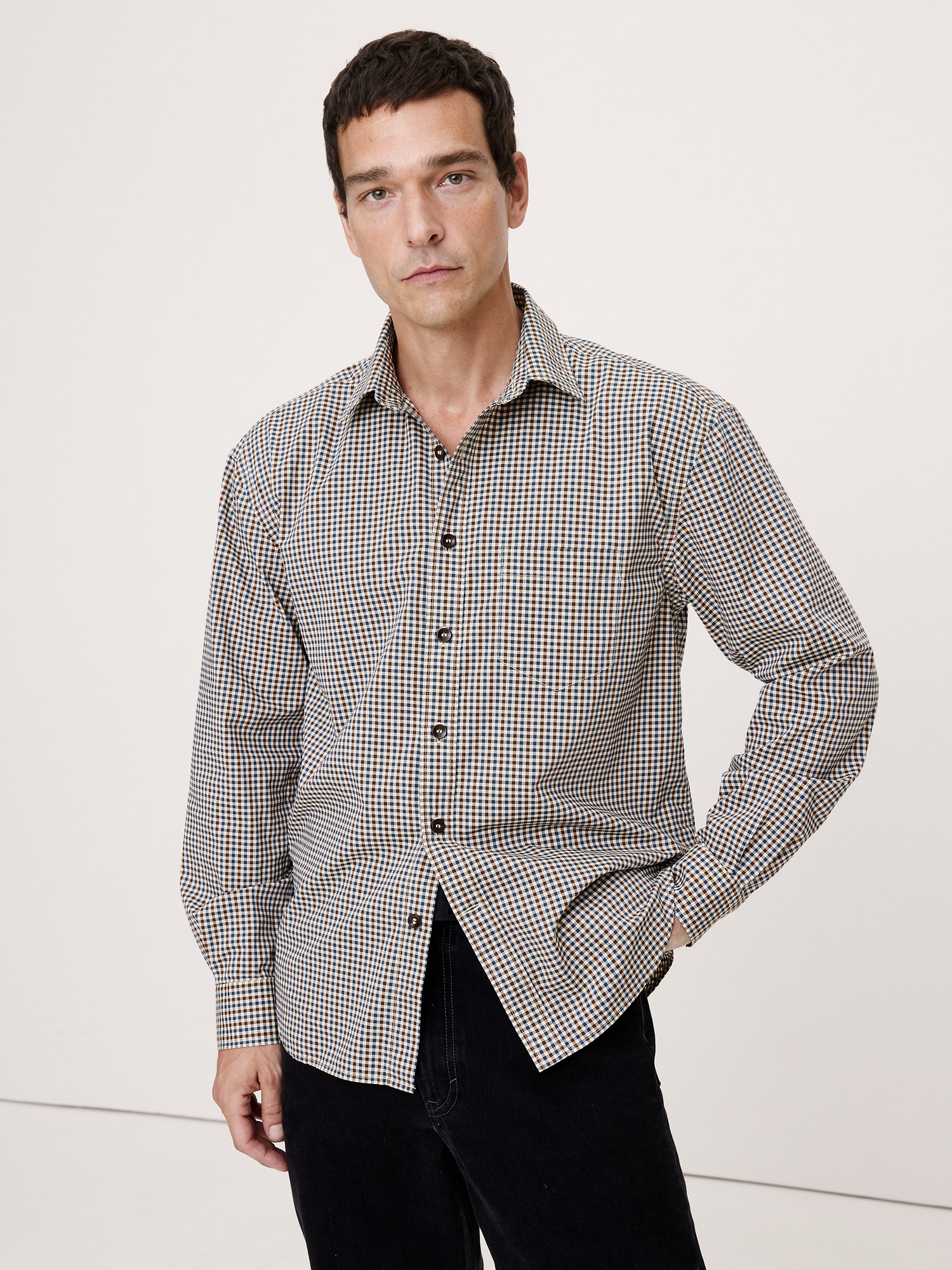 Relaxed-Fit Washed Cotton Poplin Shirt - Brown/Blue Plaid