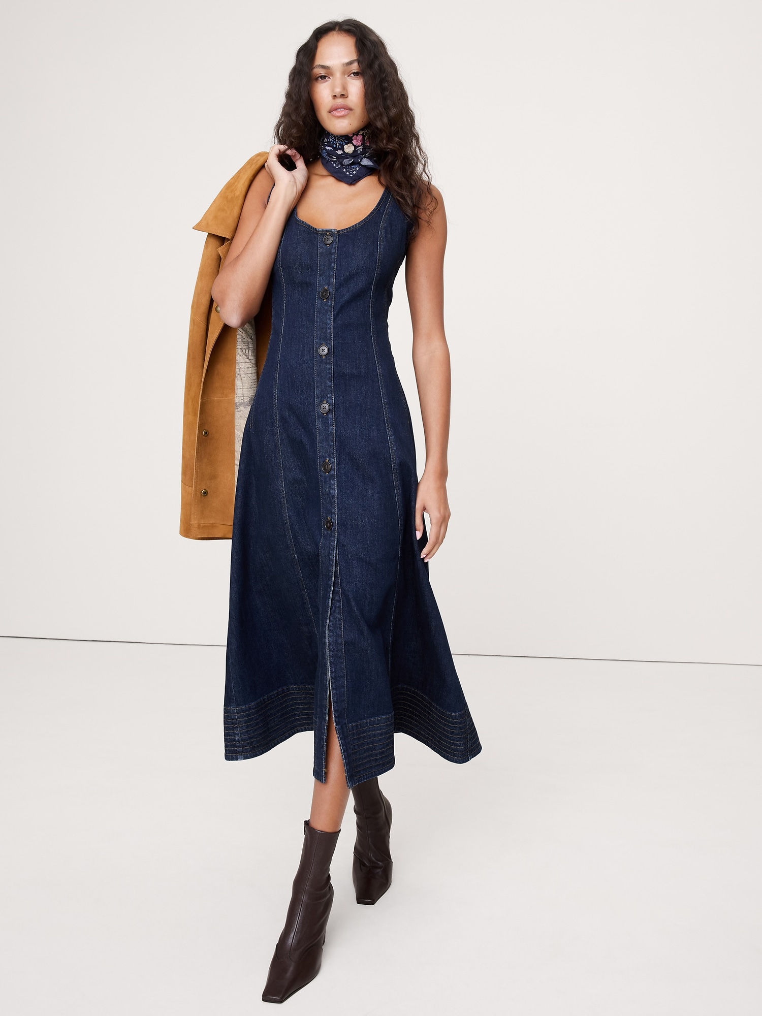Image number 1 showing, Denim Scoop-Neck Midi Dress