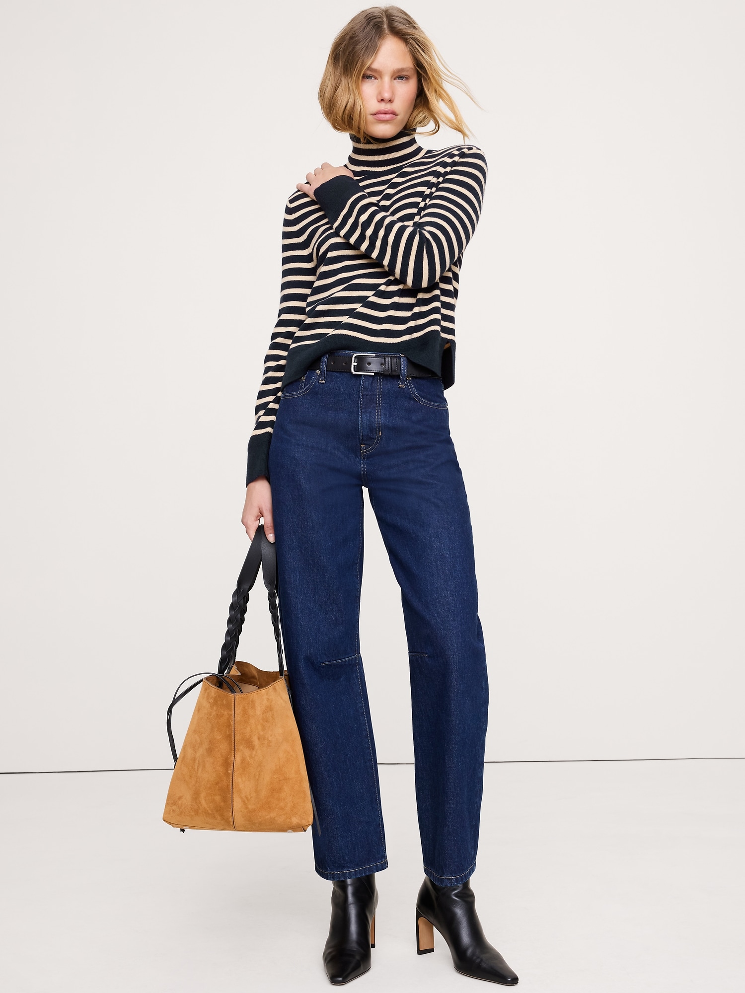 Cashmere Turtleneck Sweater - Navy Blue & Tan Stripe