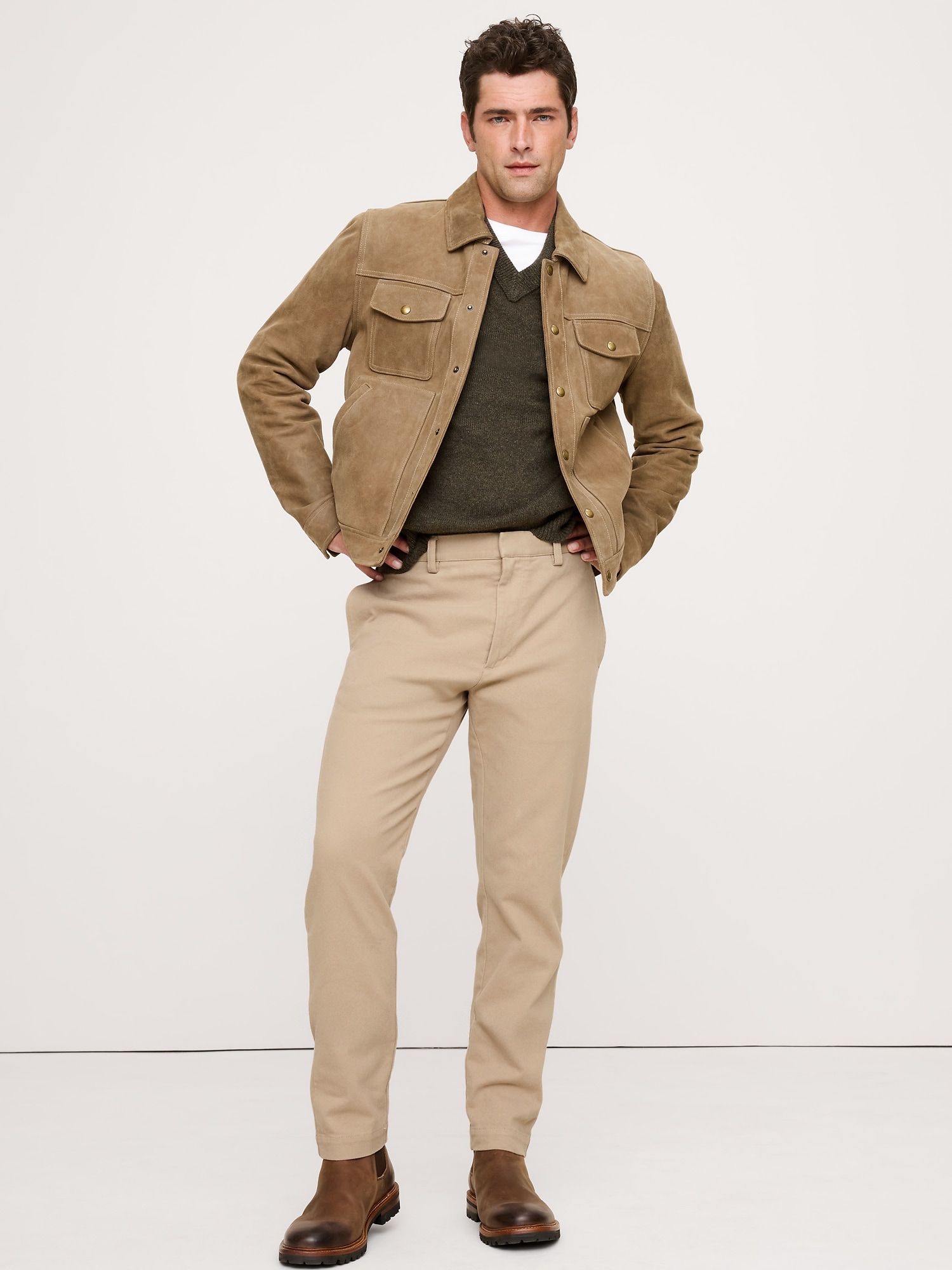 Pantalon Voyageur étroit en tissu brossé - Beige Kaki
