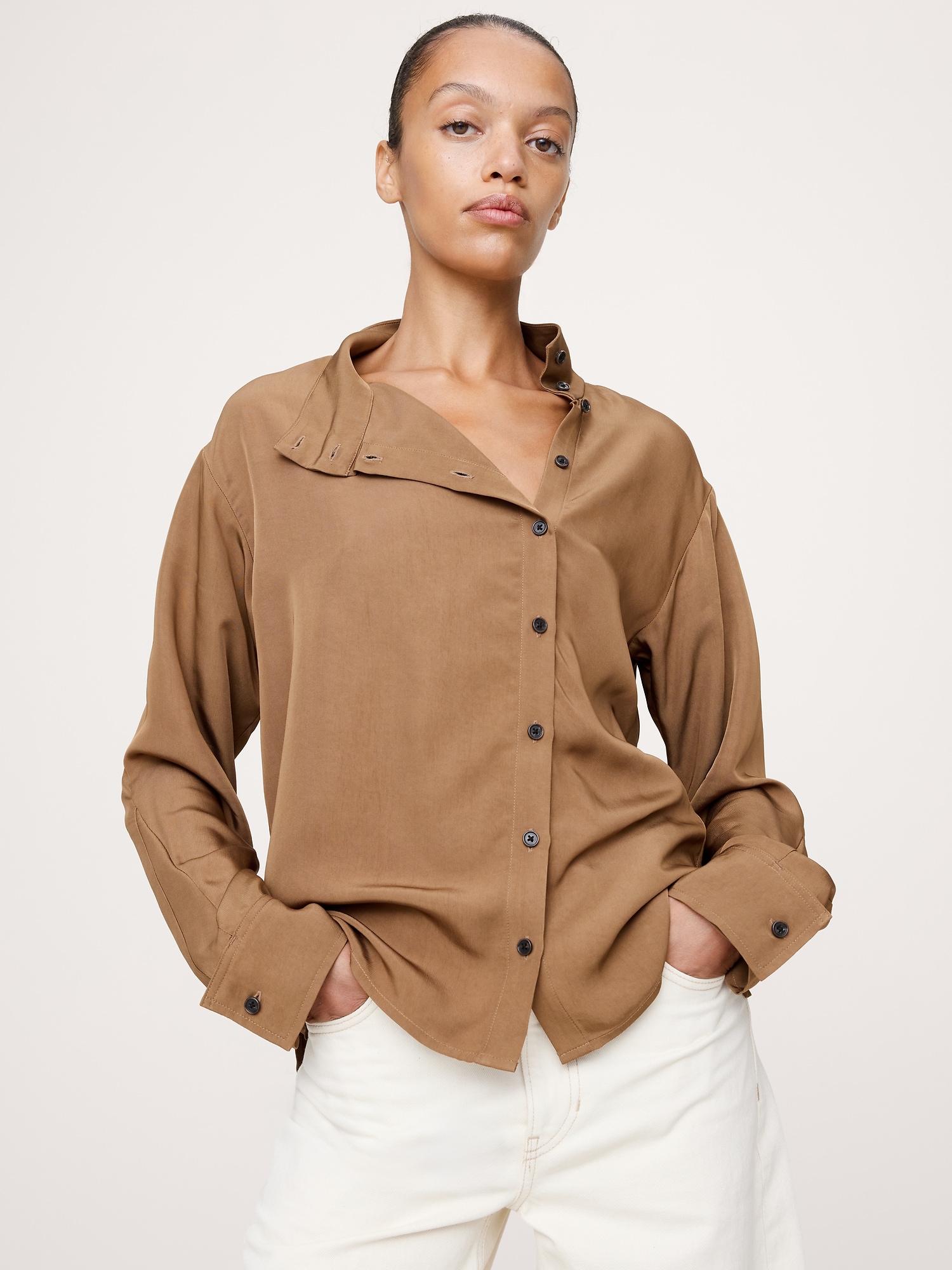 Image number 1 showing, Drapey Twill Asymmetrical Button-Front Blouse