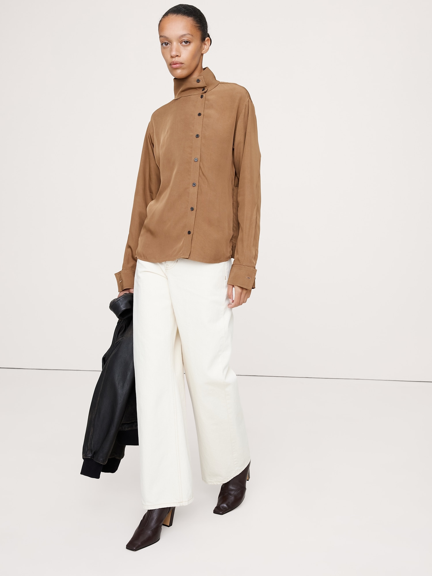 Image number 3 showing, Drapey Twill Asymmetrical Button-Front Blouse