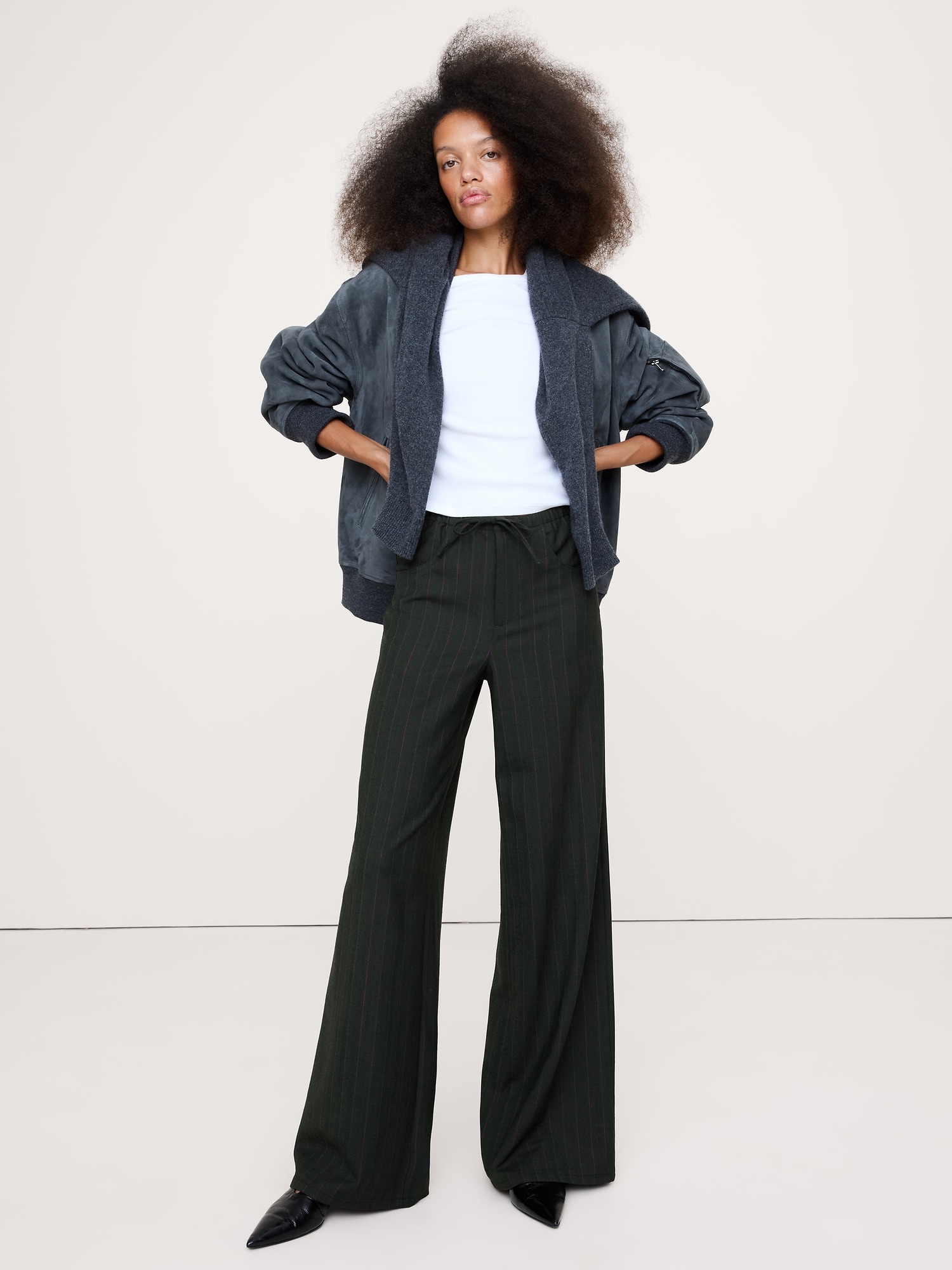 Image number 1 showing, Mid-Rise Wide-Leg Flannel Drawstring Pant