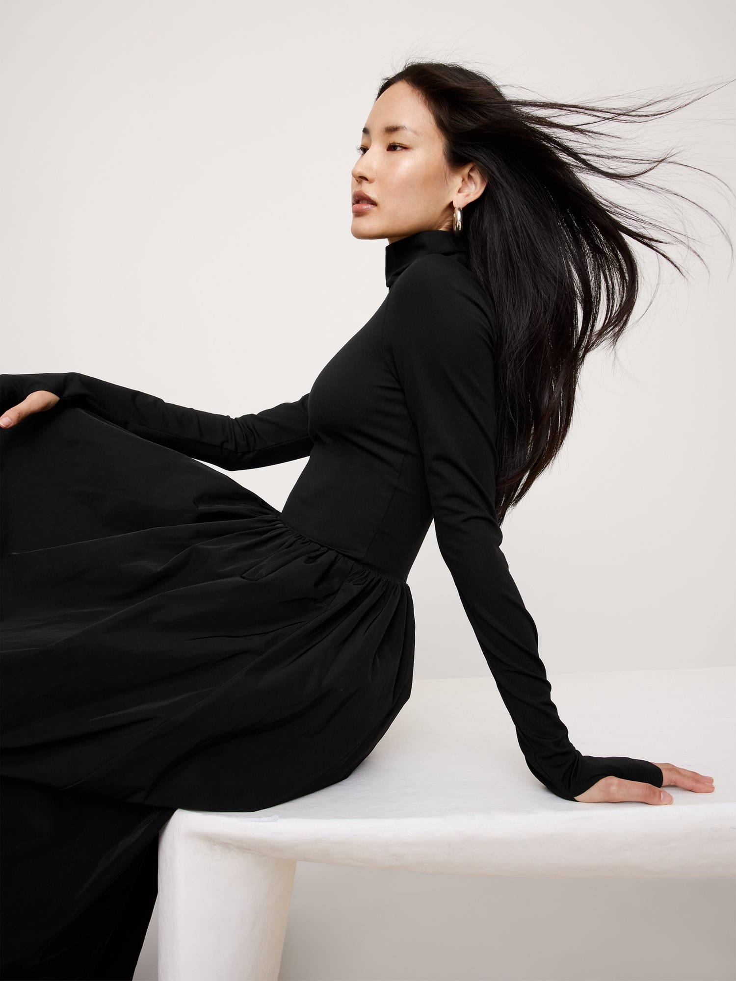 Taffeta Combo Turtleneck Maxi Dress - Black