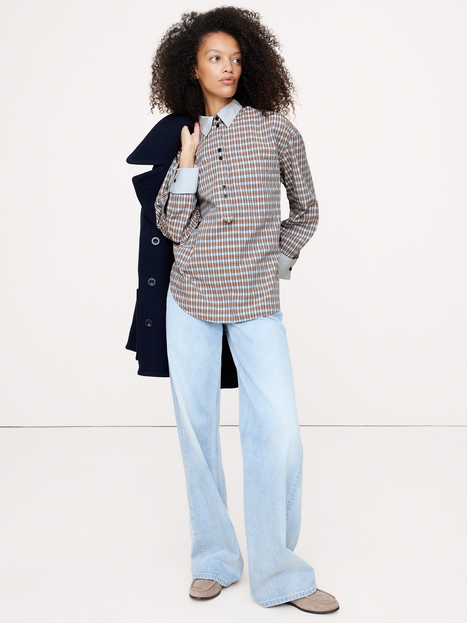 Oversized Cotton Poplin Banker Shirt - Blue Plaid