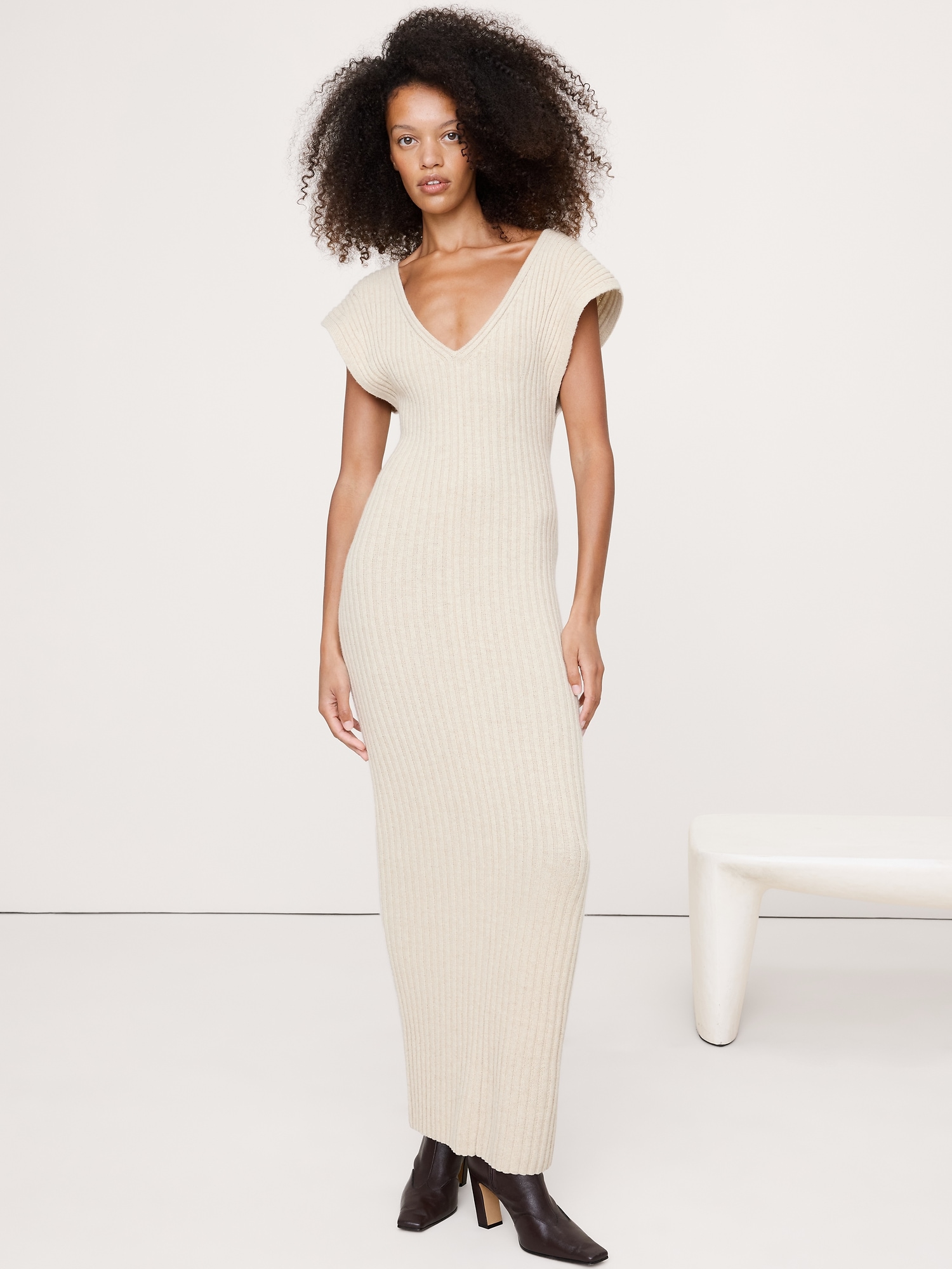 Merino-Cotton Maxi Dress with Open Back - Stone Heather