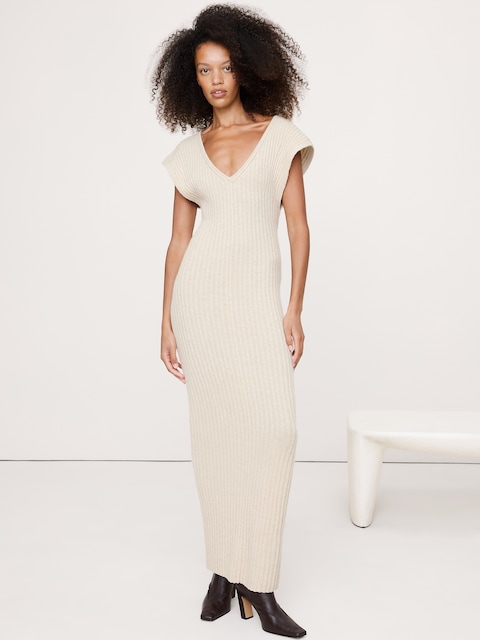 ROBE LONGUE À DOS DÉNUDÉ EN LAINE MÉRINOS ET COTON