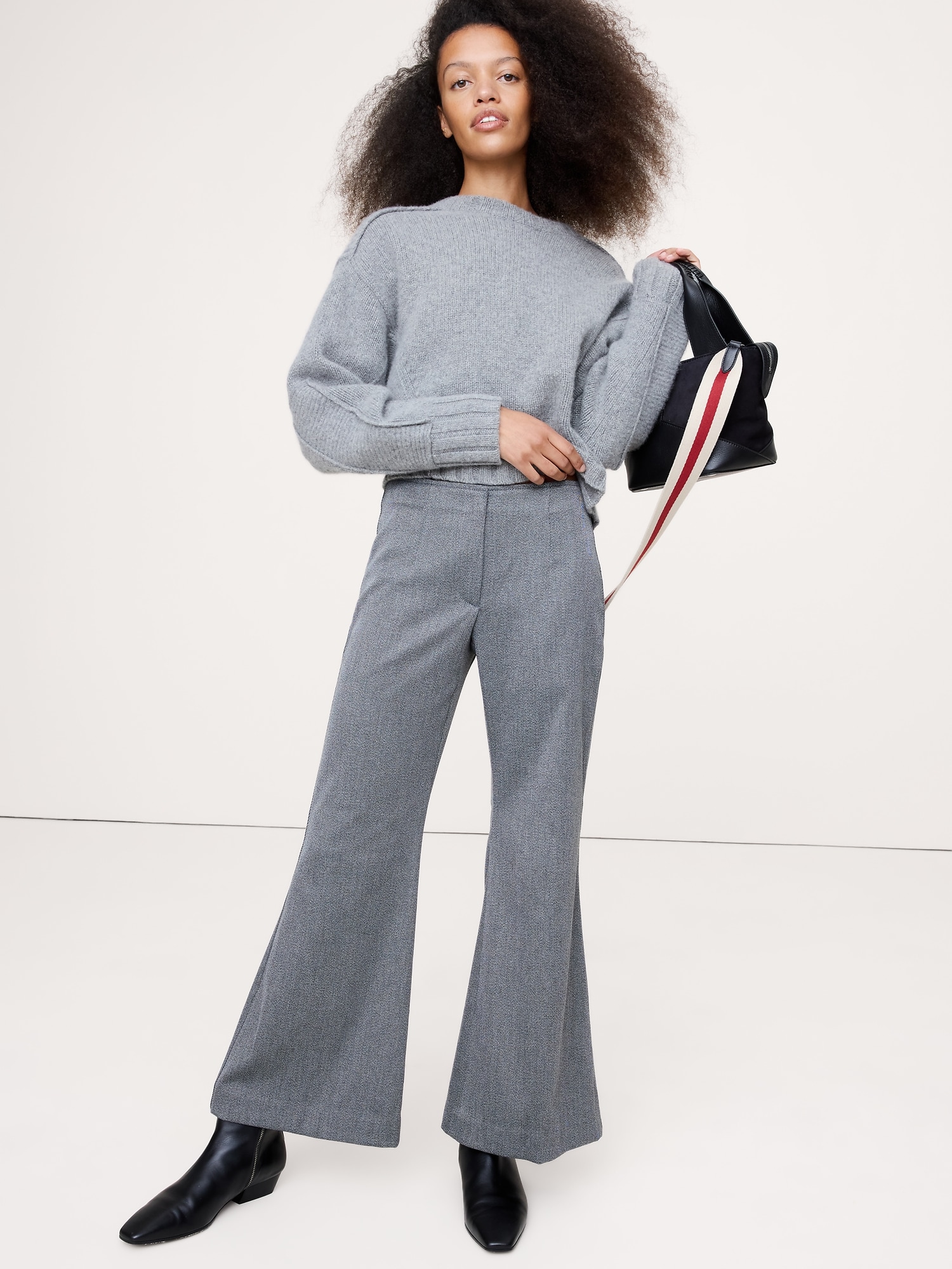 Pantalon évasé à taille mi-basse en sergé italien - Texturé Gris