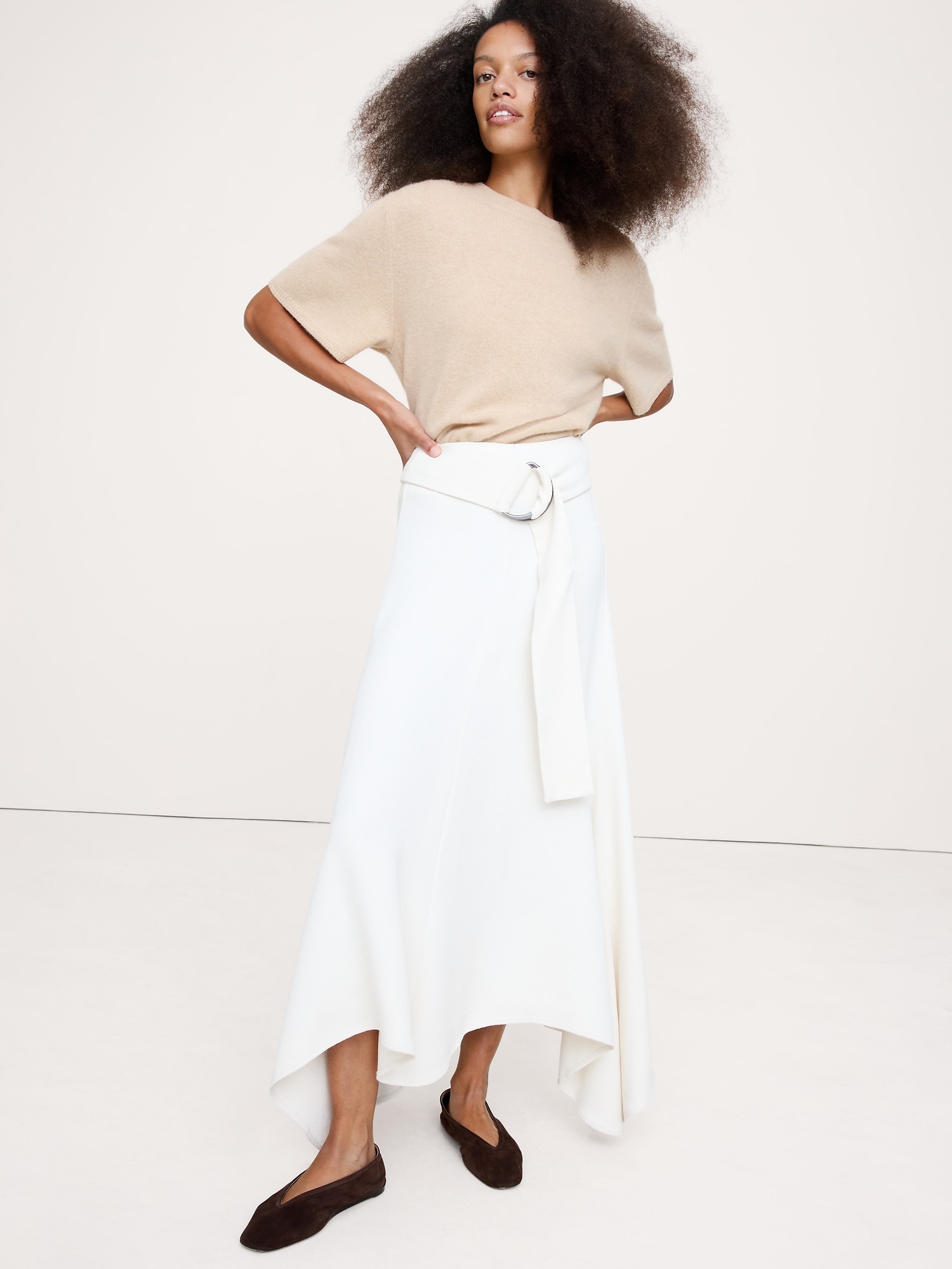 Pebbled Crepe Long Midi Skirt - Transition Cream White