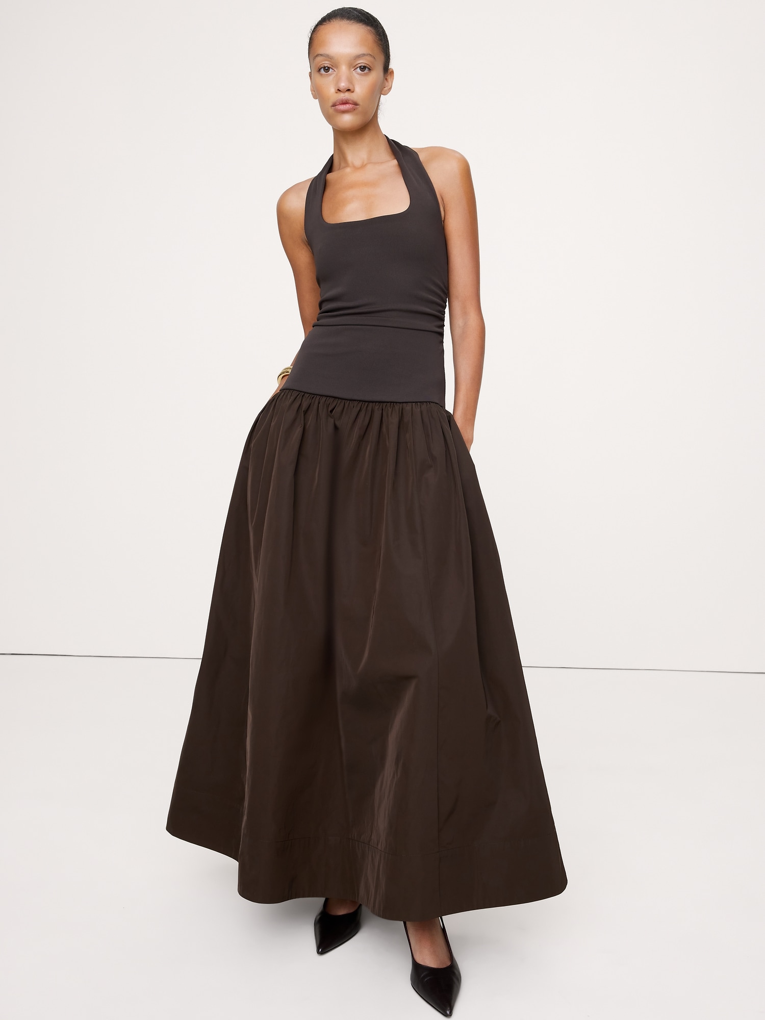 Jersey & Taffeta Halter Maxi Dress - Double Chocolate Brown