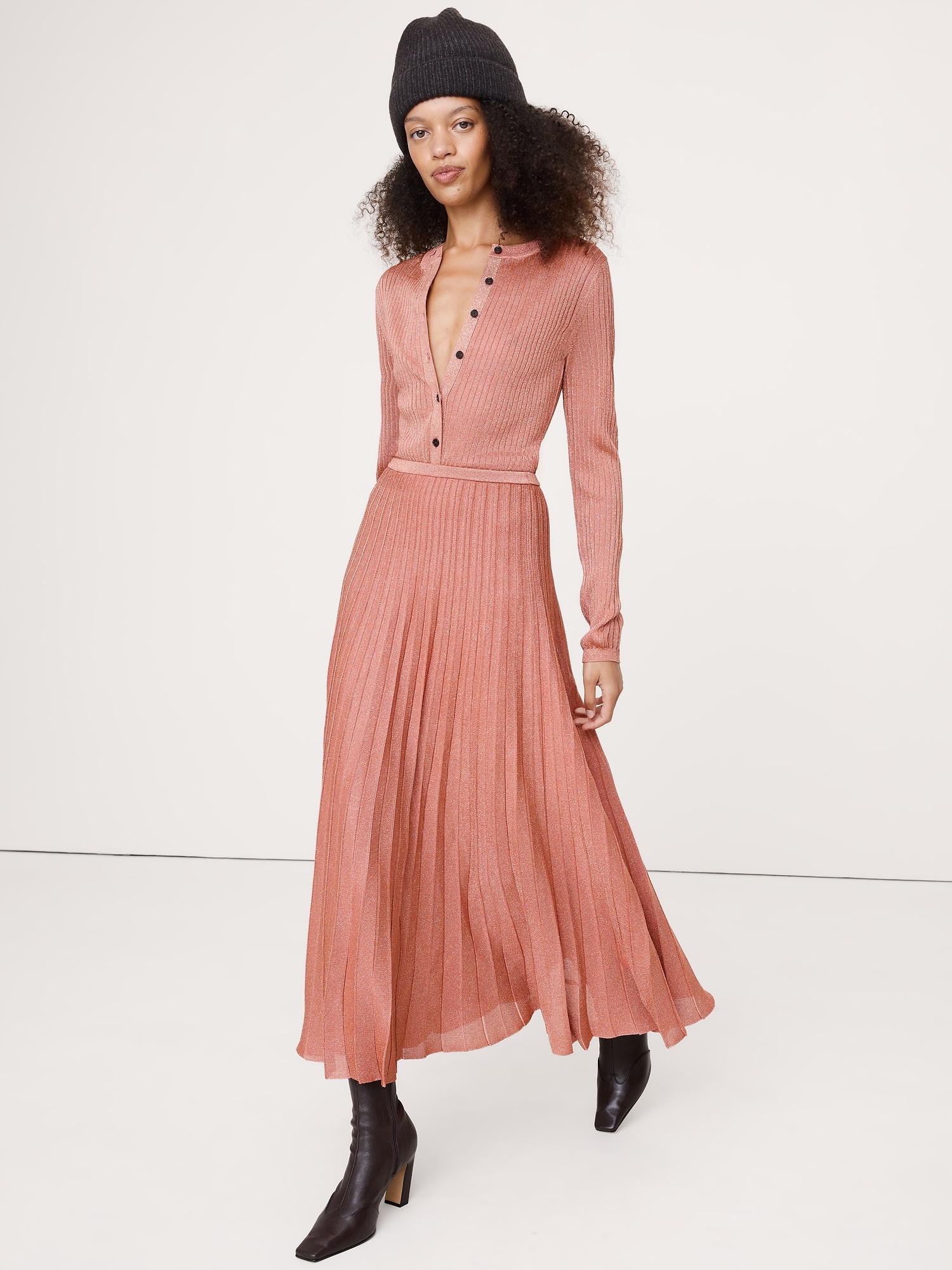 Pleated Metallic Sweater Skirt - Molten Copper