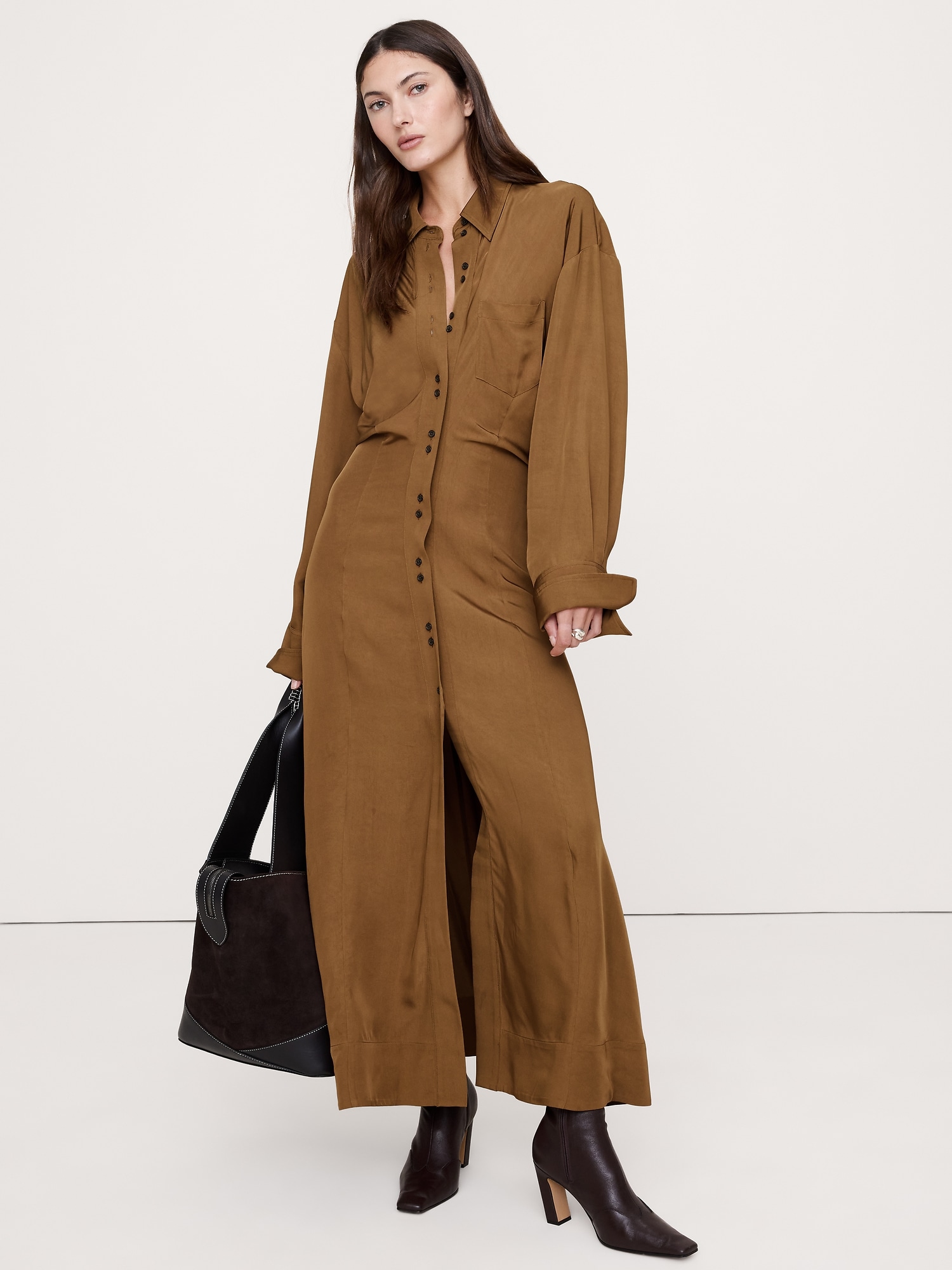 Drapey Twill Shirt Dress - Saddle Brown