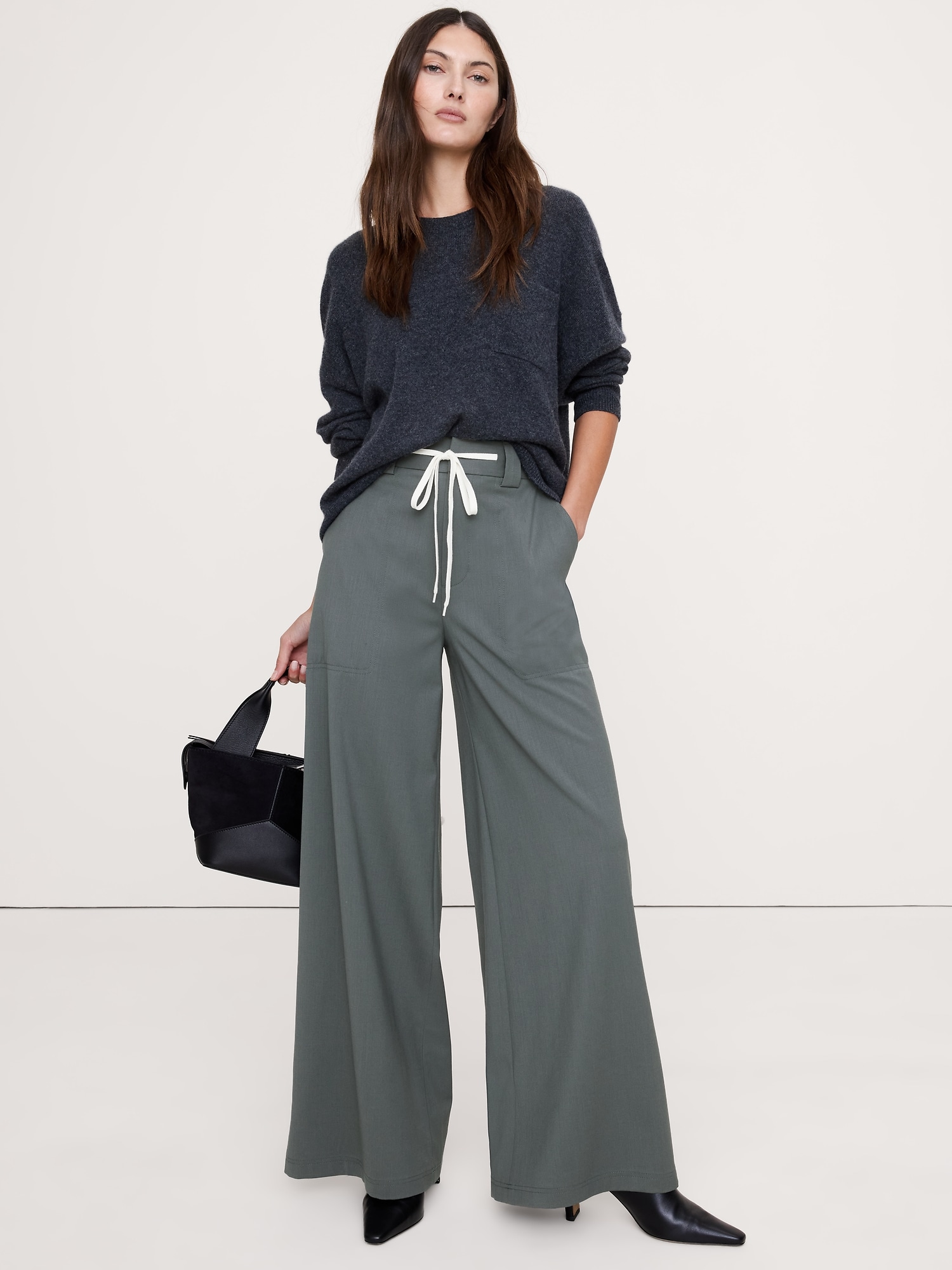 Pantalon en laine italienne à taille haute et à jambe large - Ardoise Bleue